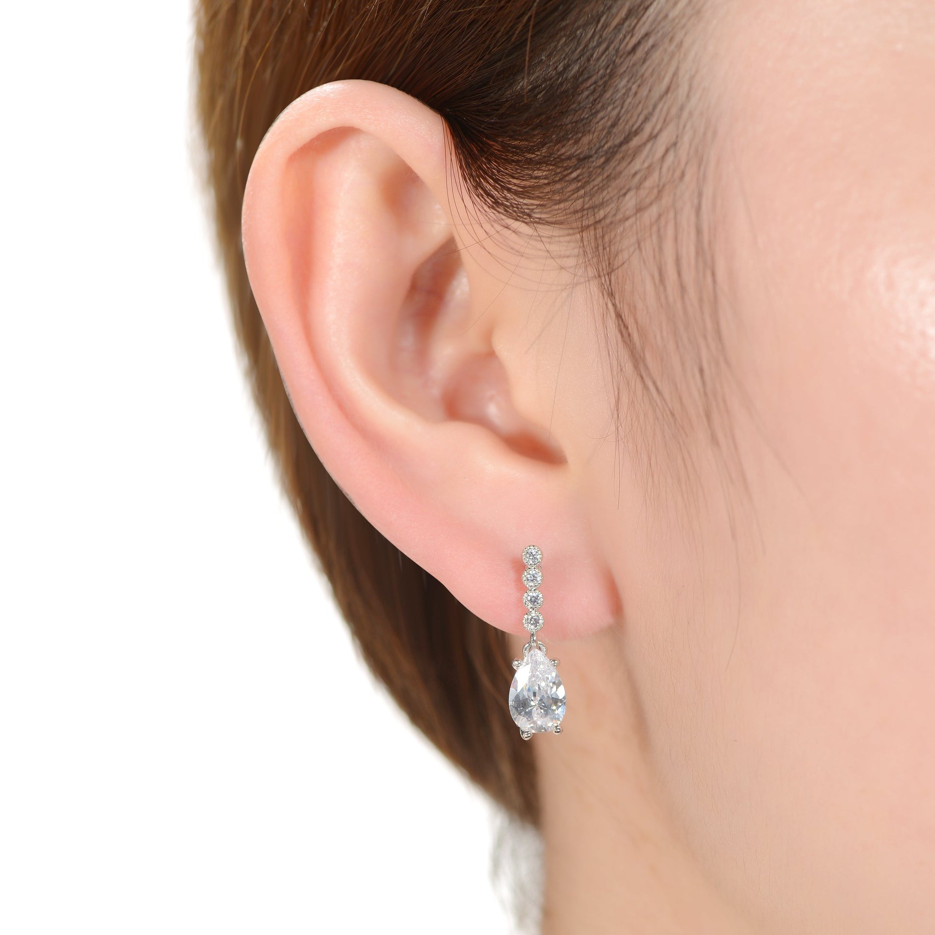 Sterling Silver Rhodium Plated With Clear Baguette And Round Cubic Zirconia Stud Earrings