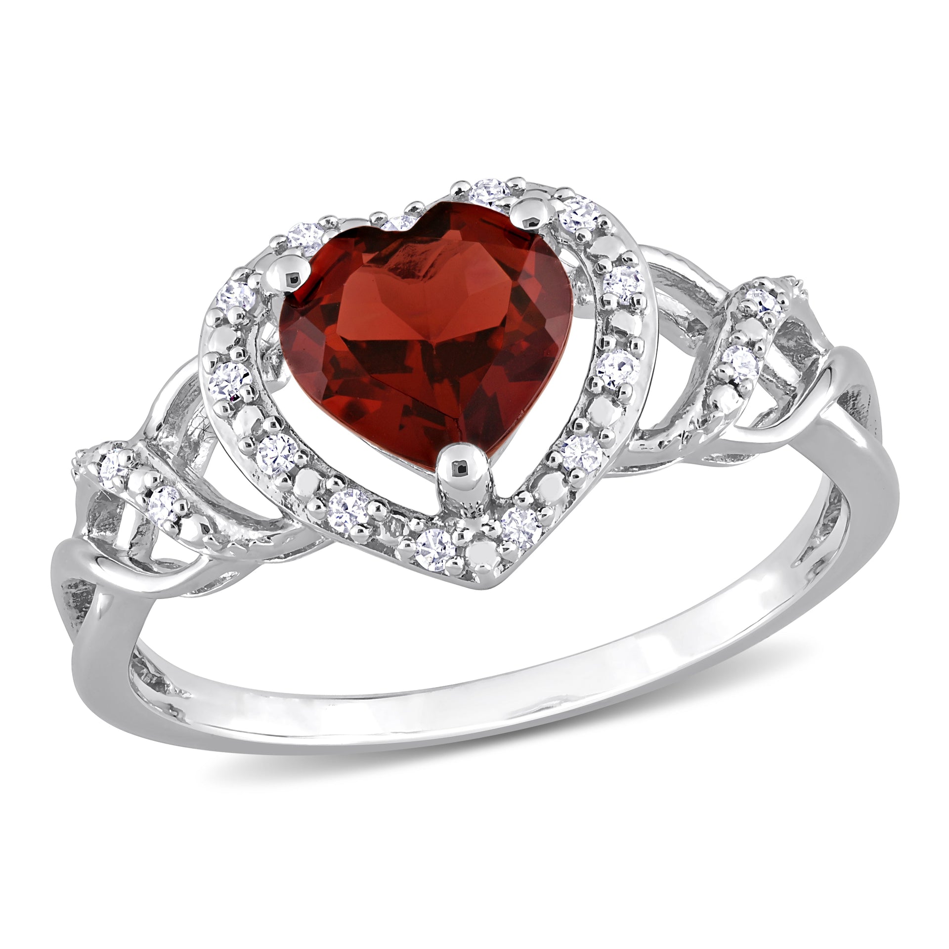 1/10 CT TW Diamond and Garnet Open Heart Crossover Ring in Sterling Silver