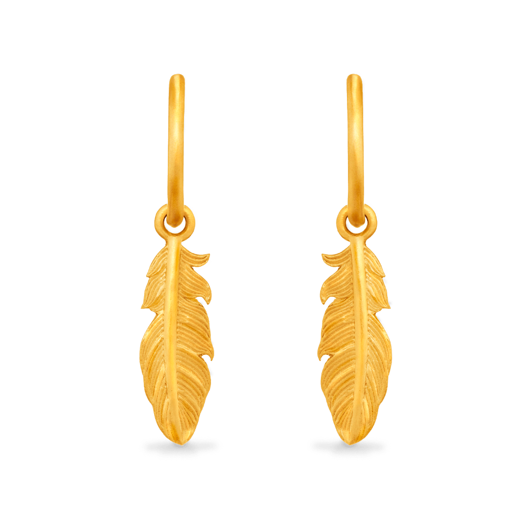 Gold Feather Charm Hoop Earrings