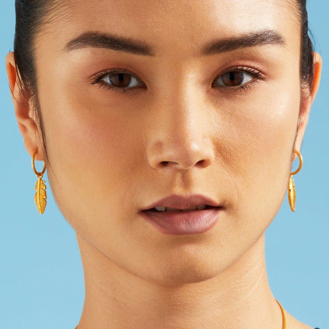 Gold Feather Charm Hoop Earrings