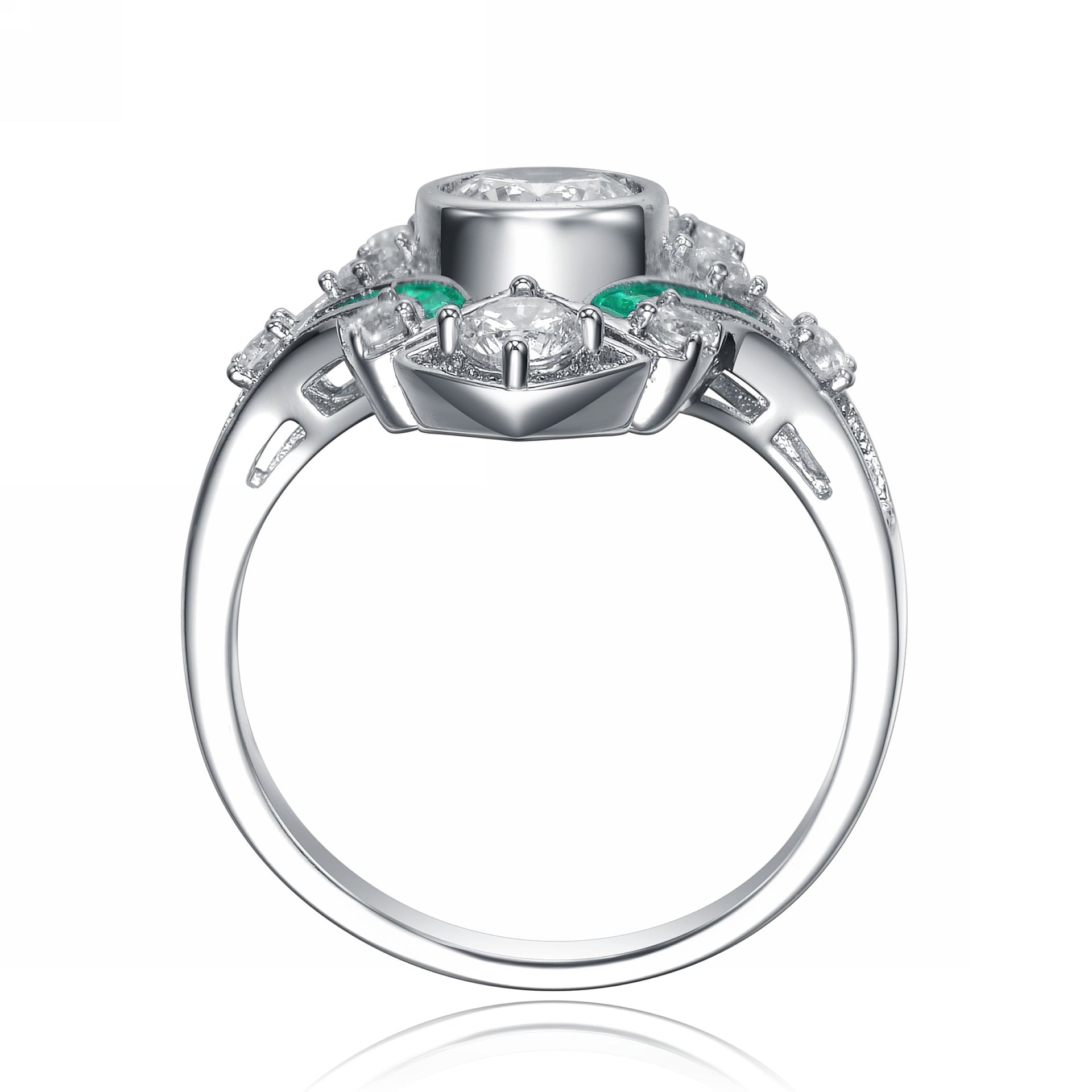 Sterling Silver Emerald Cubic Zirconia Geometrical Coctail Ring