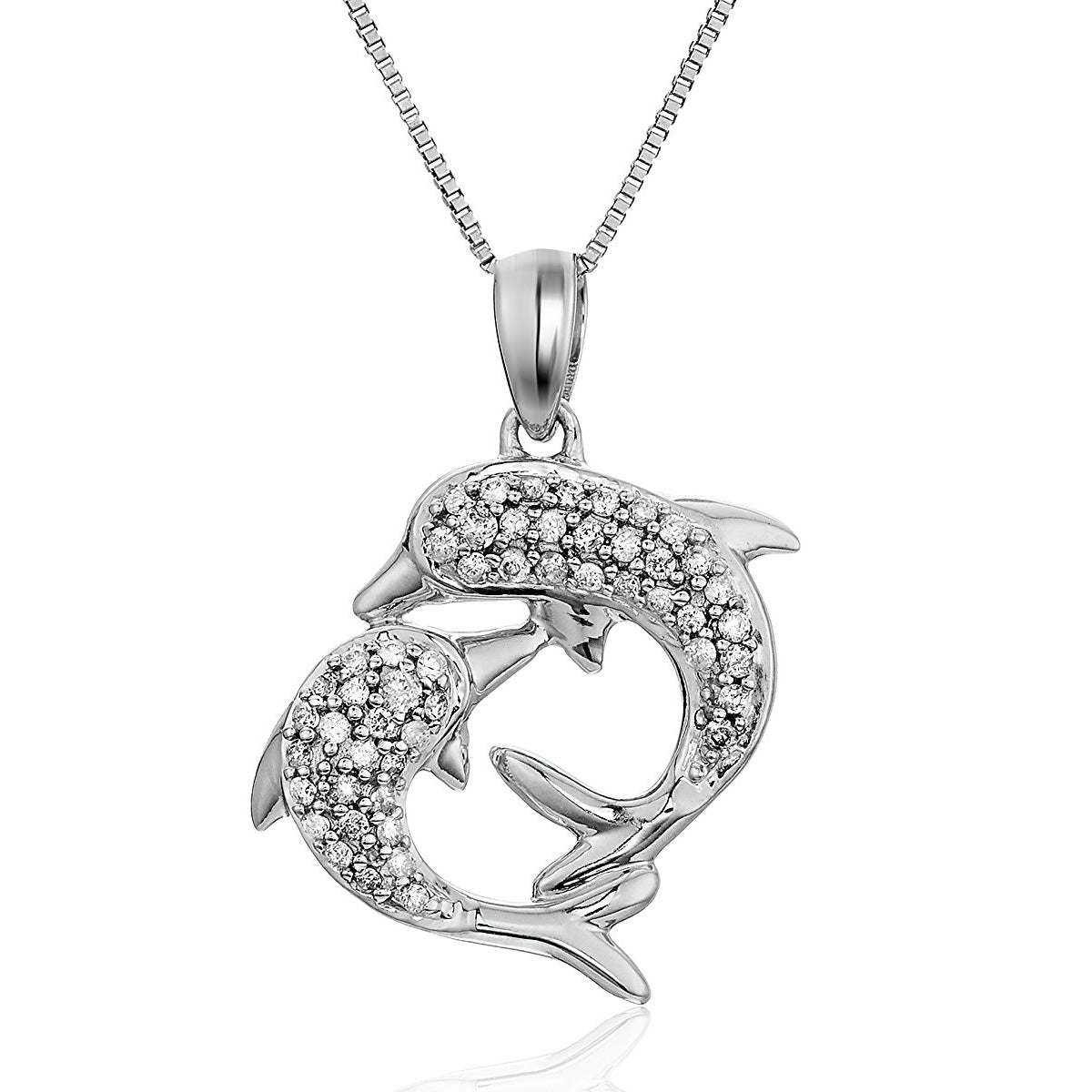 1/6 cttw Diamond Dolphin Pendant Necklace 14K White Gold with 18 Inch Chain
