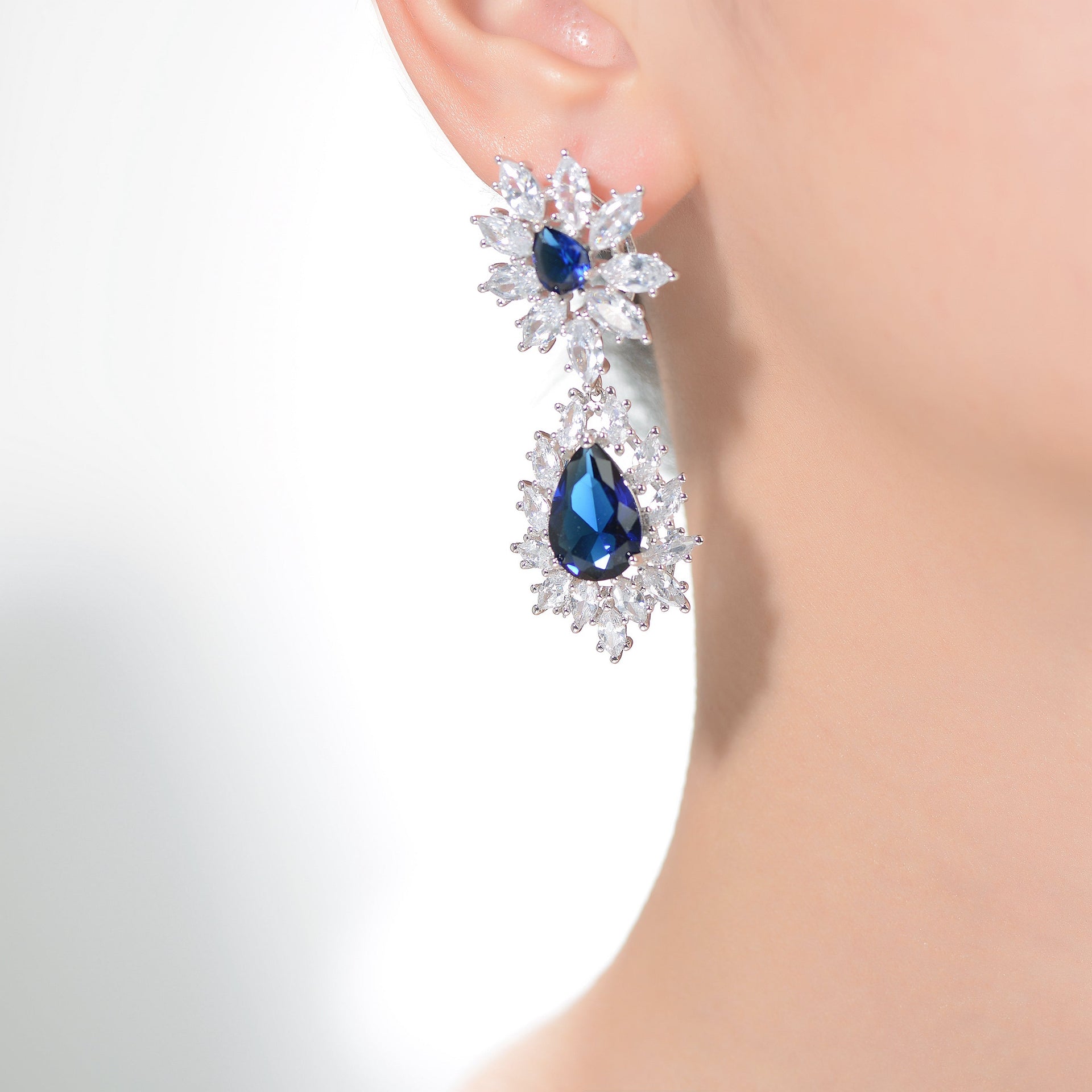 Sterling Silver Rhodium Plated Sapphire Cubic Zirconia Drop Butterfly Earrings