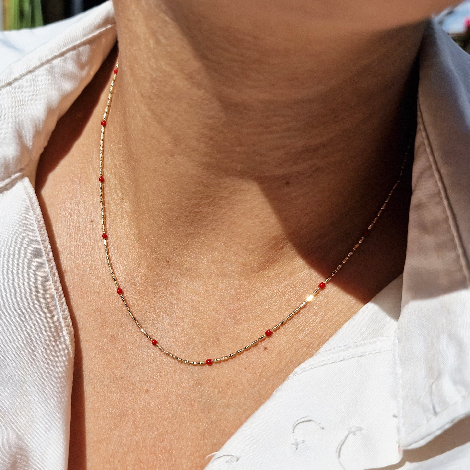 Rouge Beaded Gold Plated Fine Necklace