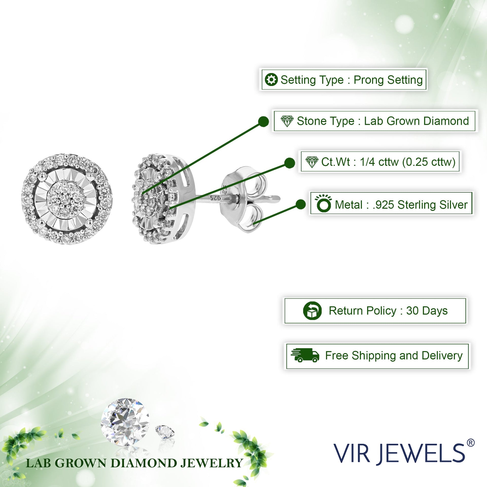 1/4 cttw Round Lab Grown Diamond Stud Earrings .925 Sterling Silver Prong Settings Push Backs