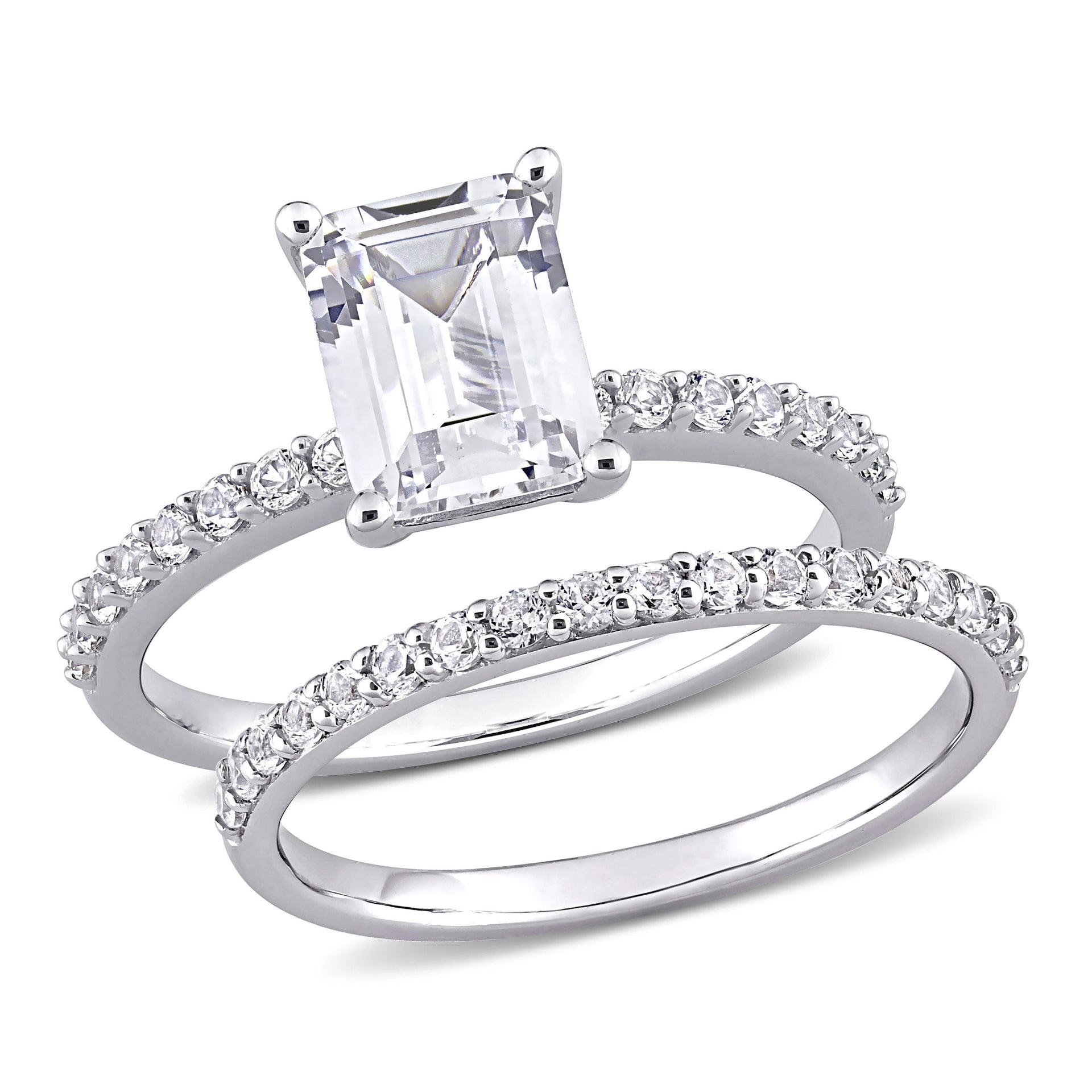 2 3/4 CT TGW Emerald Cut Created White Sapphire Engagement Ring and Matching Eternity Ring 2pc Set in 10K White Gold