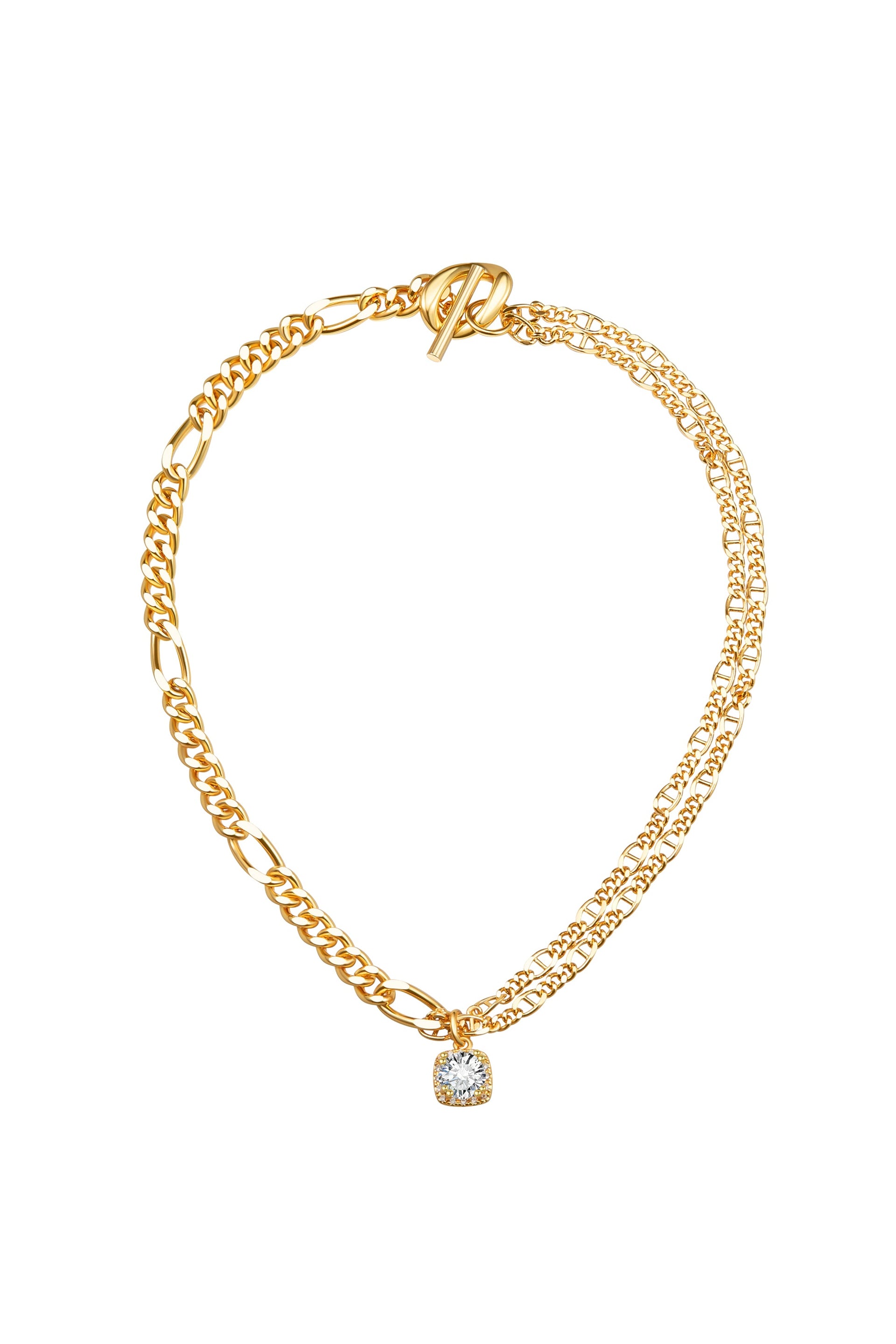 Golden Double Layered Solitaire Zirconia Pendant Necklace