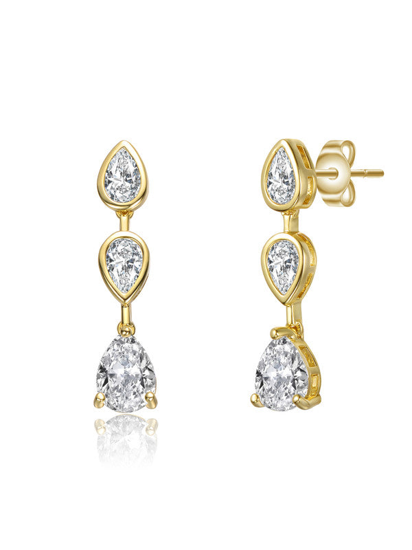 Sterling Silver 14k Gold Plated With Clear Cubic Zirconia Three-stone Pear Drop Earrings