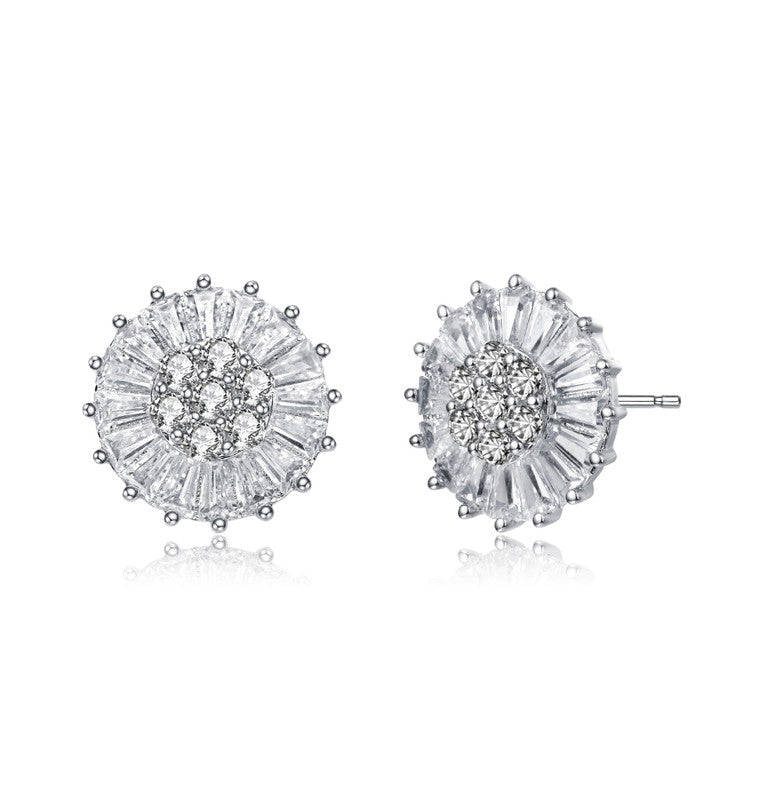 Sterling Silver Round and Baguette Cubic Zirconia Stud Earrings