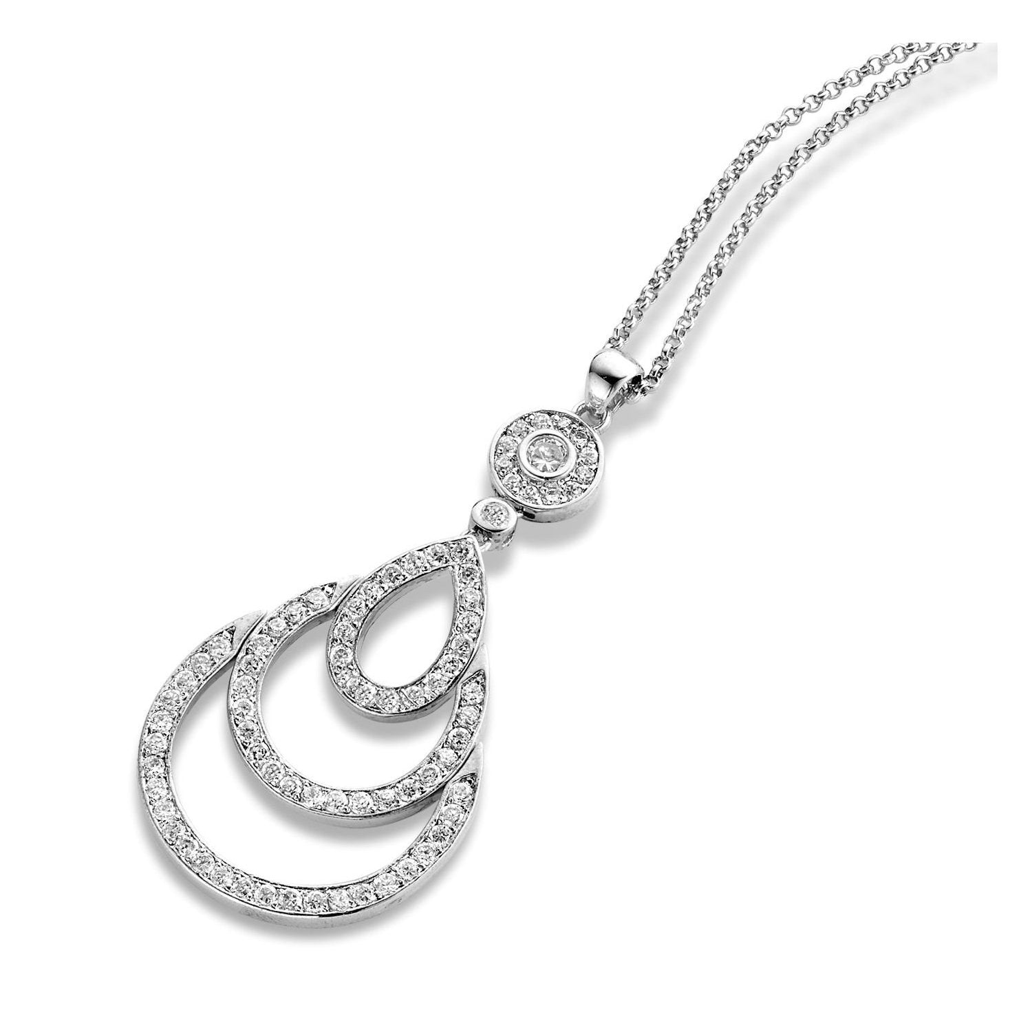 C.z. Sterling Silver Rhodium Plated Triple Outlined Teardrop Pendant