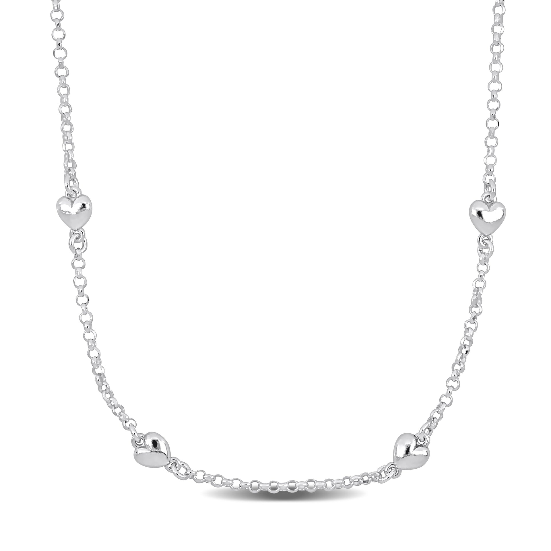 Mimi & Max Four Heart Charm Station Necklace on Diamond Cut Rolo Chain in Sterling Silver - 16.5+1 in.