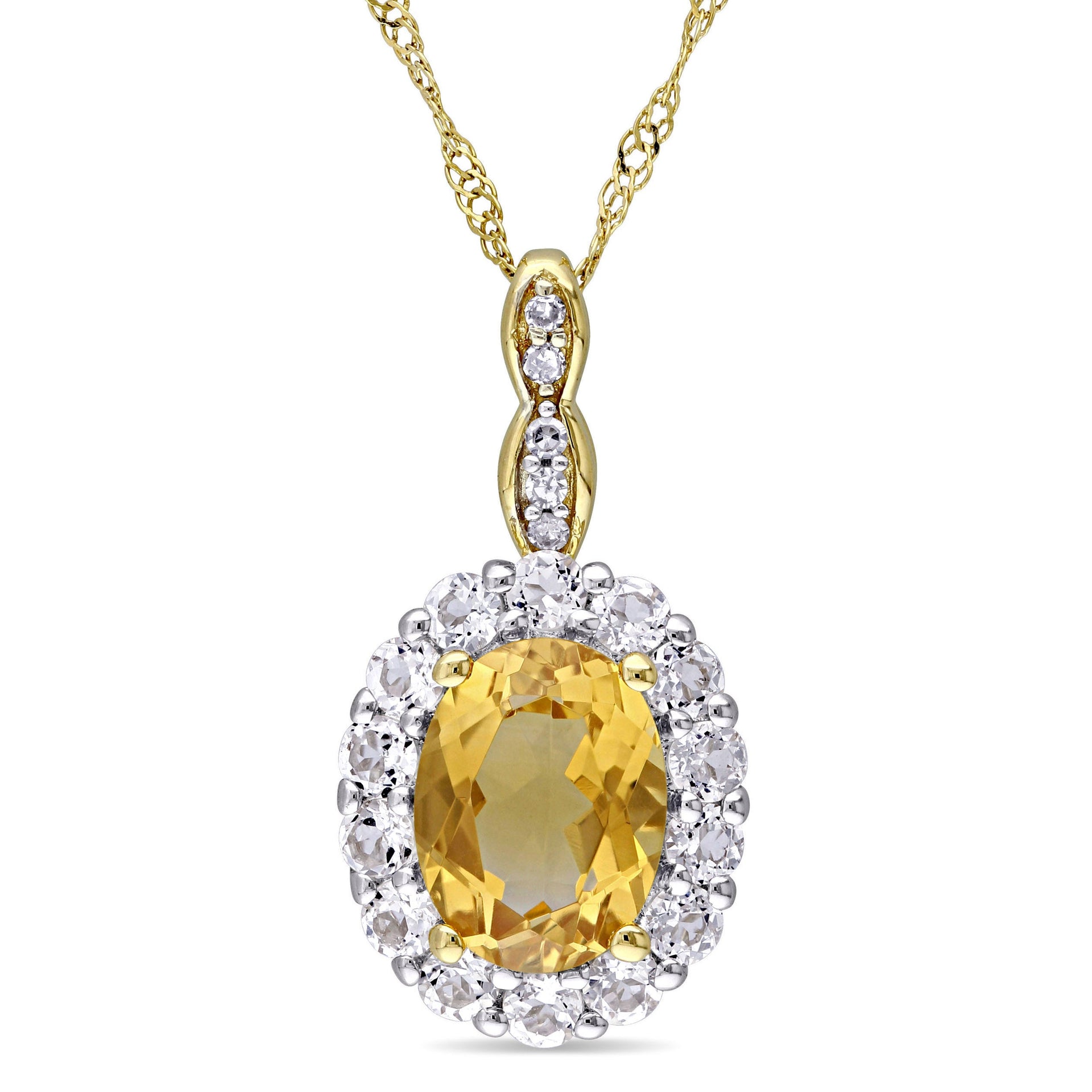 1 4/5 CT TGW Oval Shape Citrine, White Topaz and Diamond Accent Vintage Pendant With Chain in 14k Yellow Gold