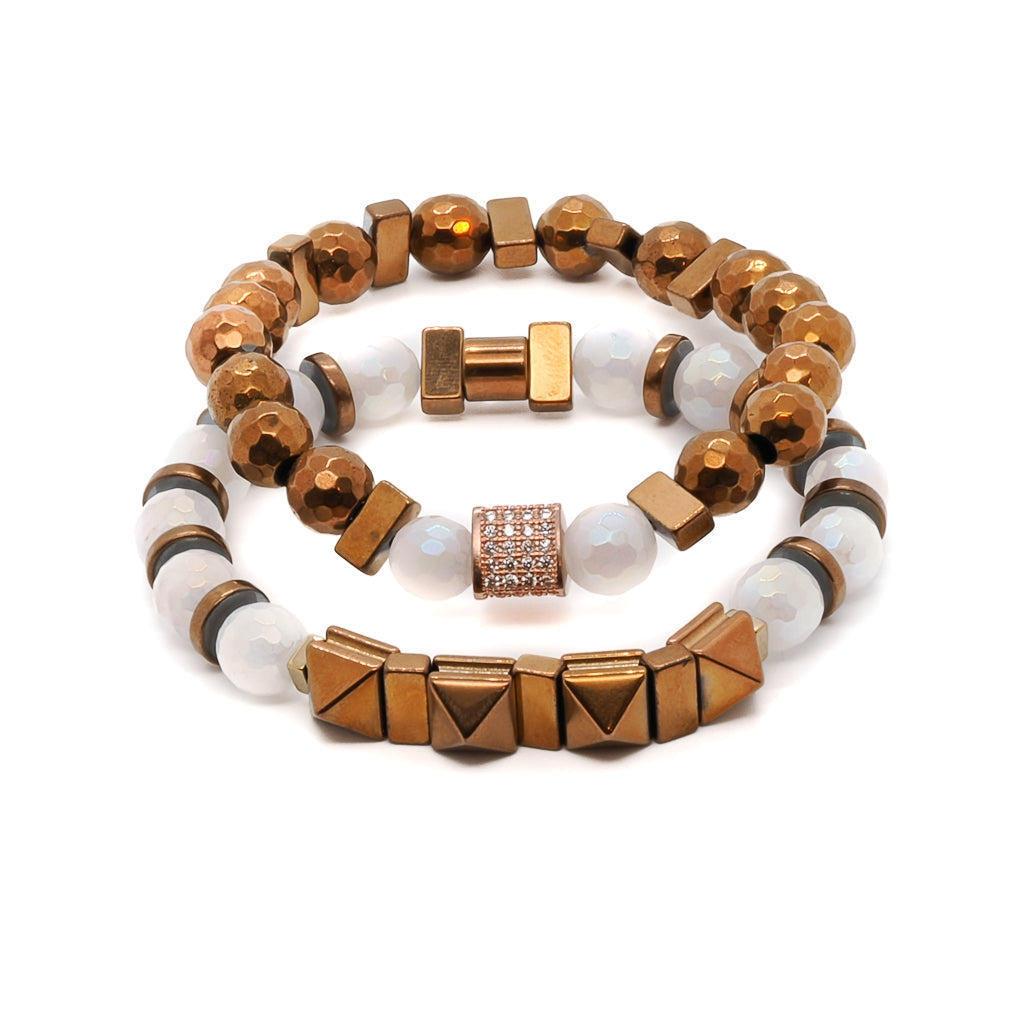 Rose Hematite Energy Quartz Beaded Bracelet Set - White