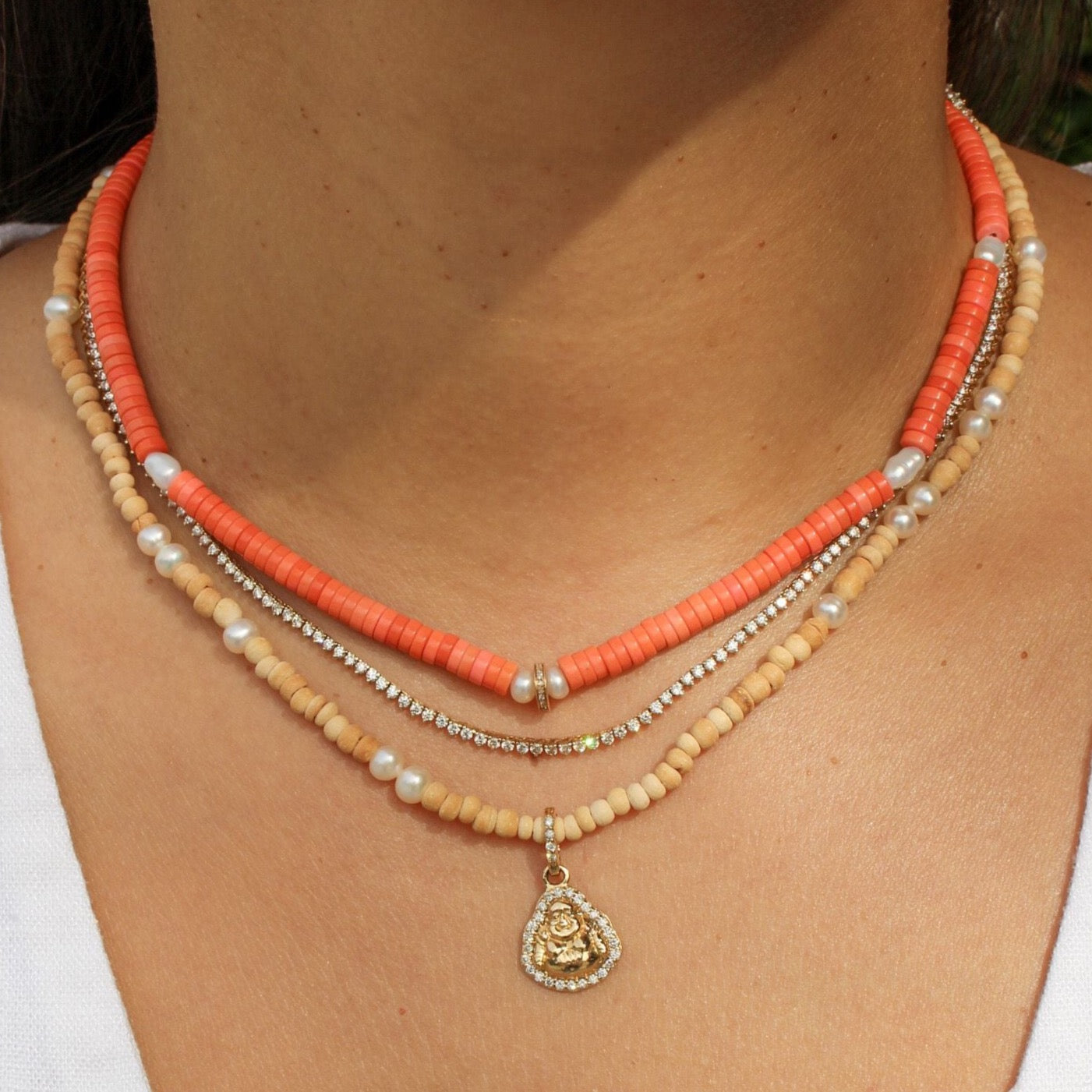 Gold Diamond Buddha Sandalwood Pearl Bead Necklace