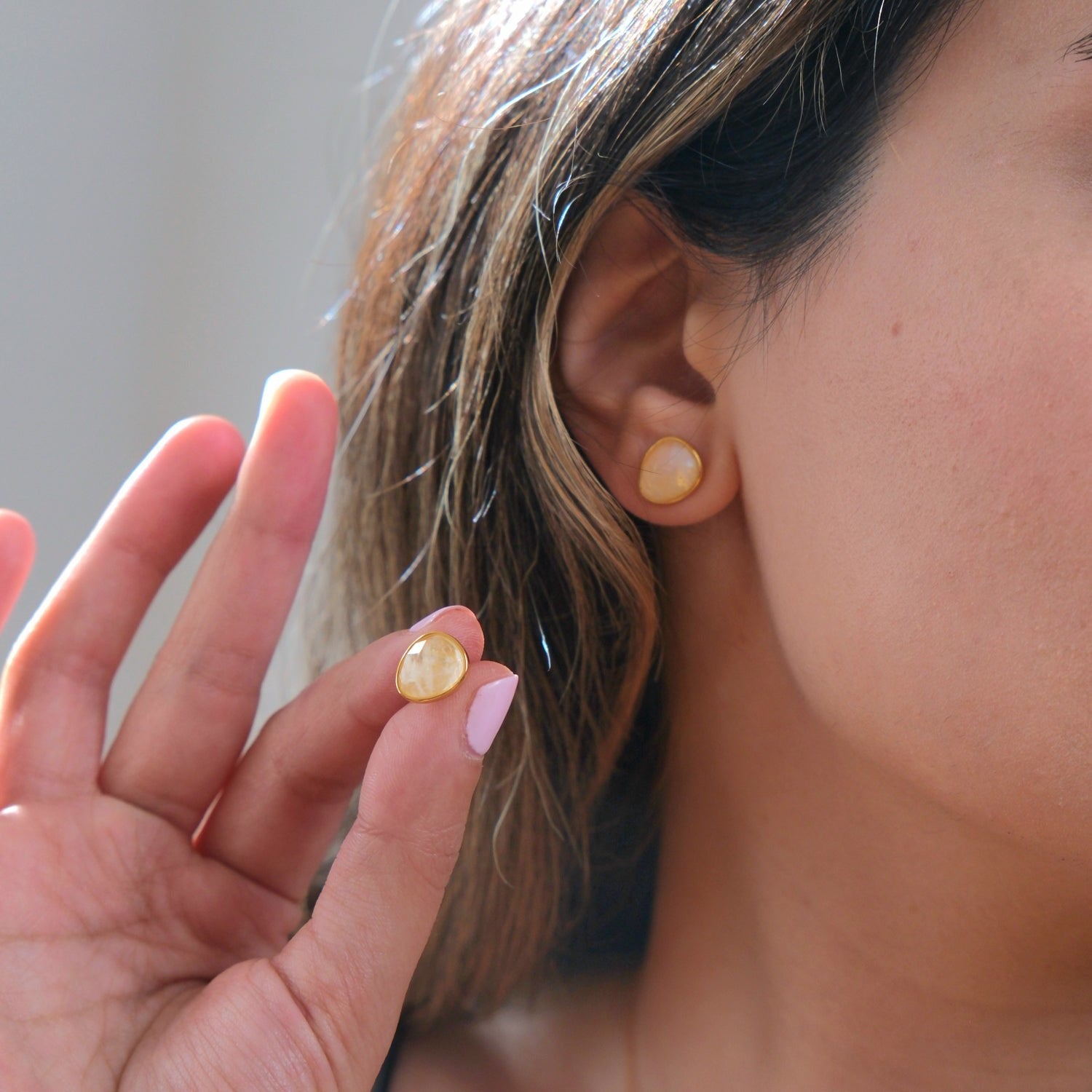 Fiery Moonstone Pear Shaped Stud Gold Plated Earrings