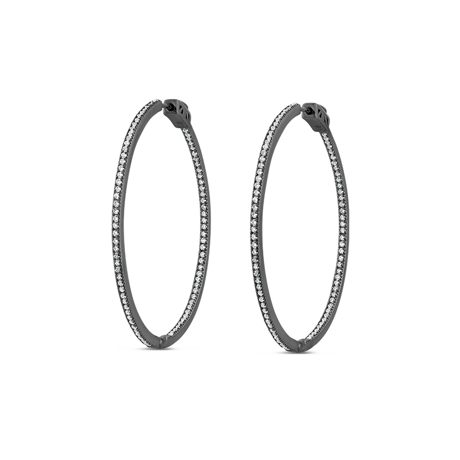 Light Hoop Earrings With Man Made Cz Diamond Stimulant In Sterling Silver & Black Rhodium