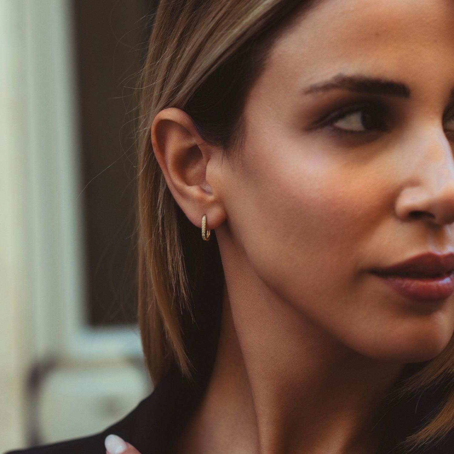 Fine Pave Ovate Hoop Earrings 14Ct Solid Gold