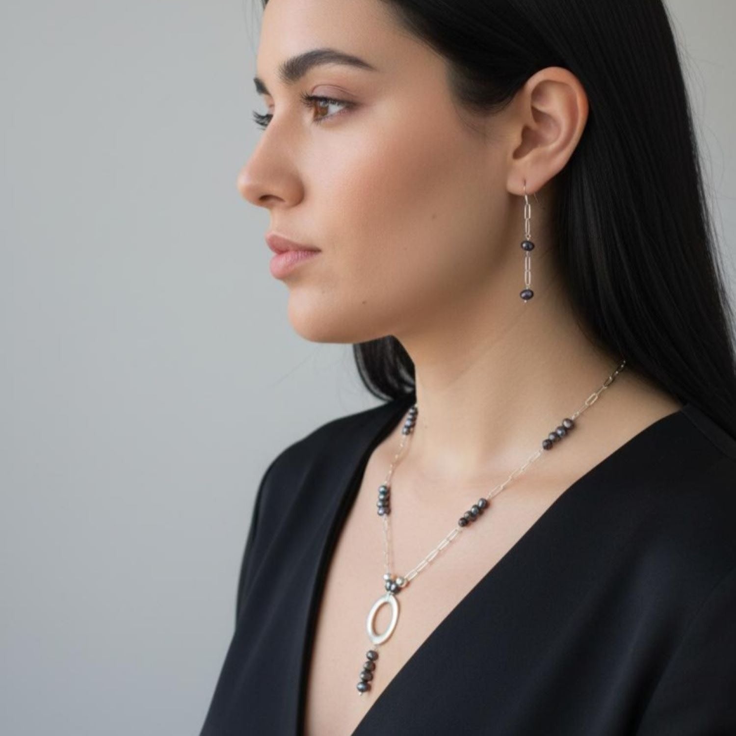 Fine Silver Chain With Black Pearls And Silver Circle Pendant