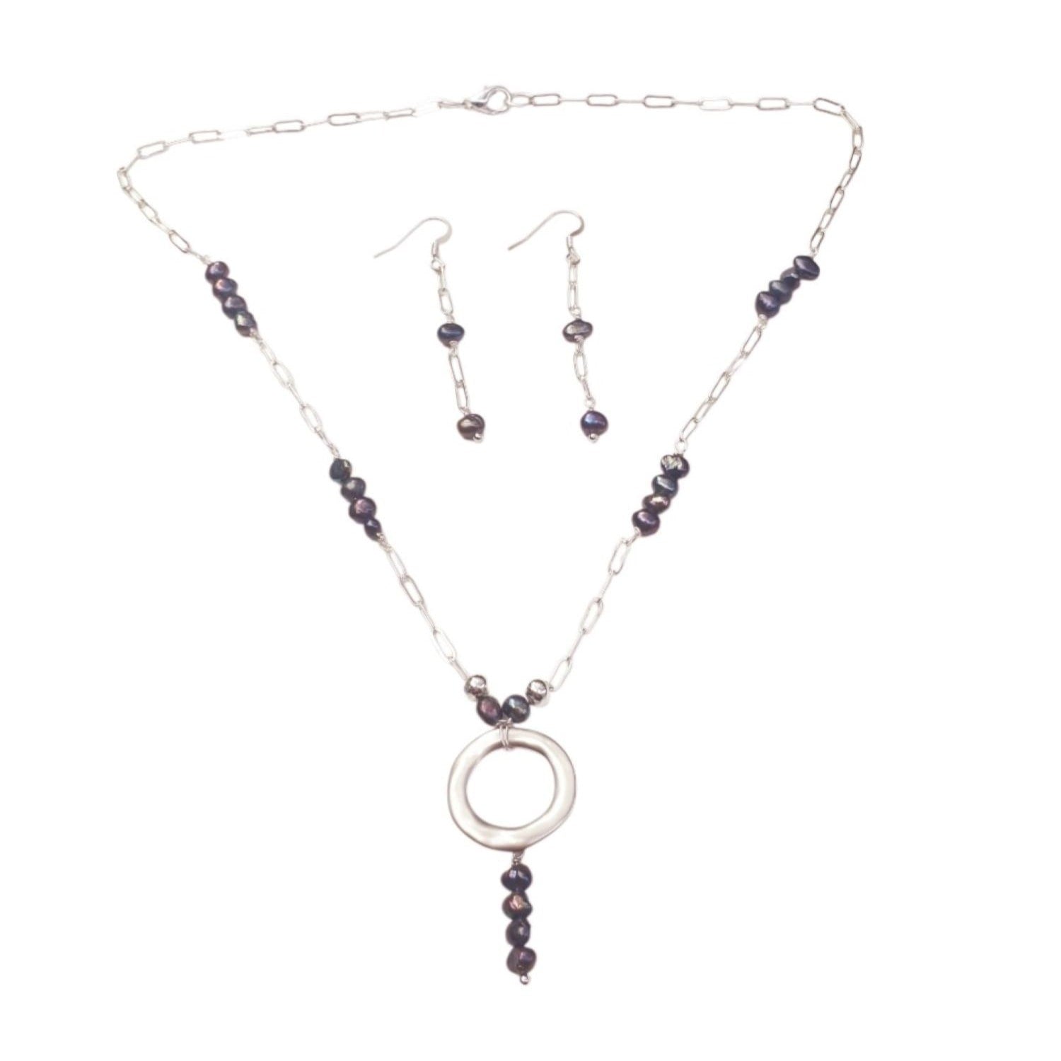 Fine Silver Chain With Black Pearls And Silver Circle Pendant