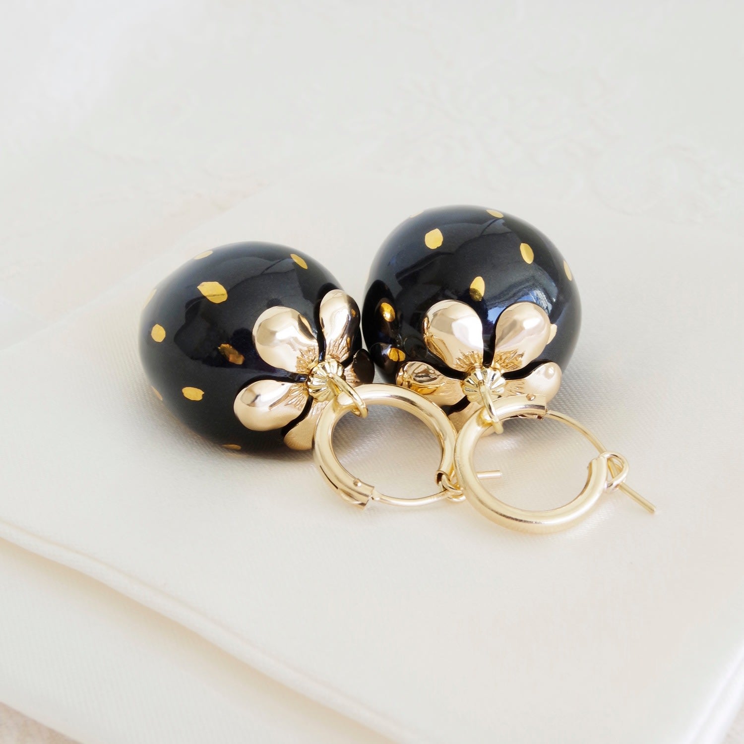 Golden Black Porcelain Strawberry Earrings