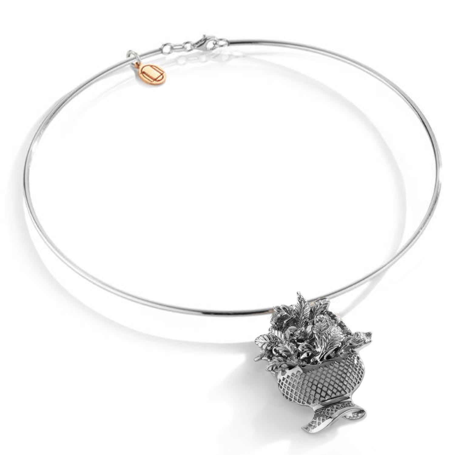 Fiona Choker In Sterling Silver – Rigid Necklace With Sculpted Rose Basket Pendant, Elegant Handmade Jewelry For Women