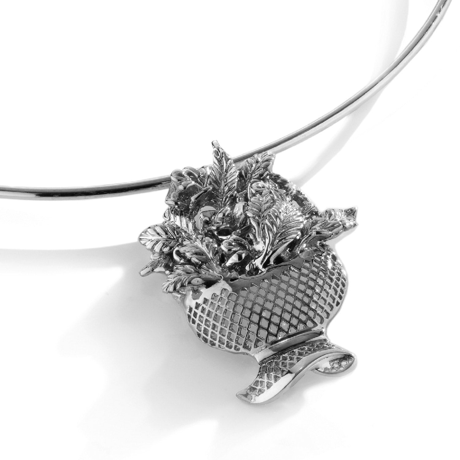 Fiona Choker In Sterling Silver – Rigid Necklace With Sculpted Rose Basket Pendant, Elegant Handmade Jewelry For Women