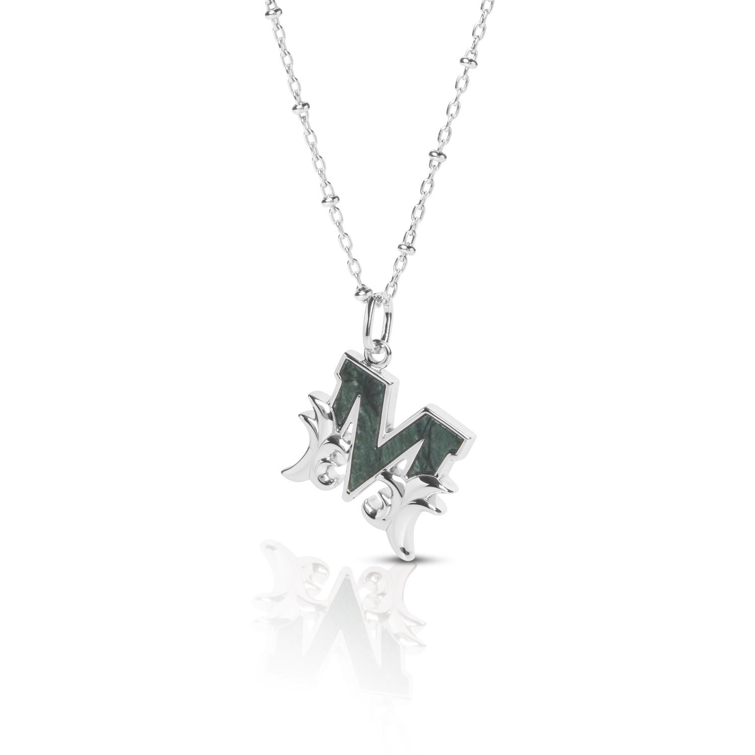 Solid Silver M Initial Necklace With Green Marble
