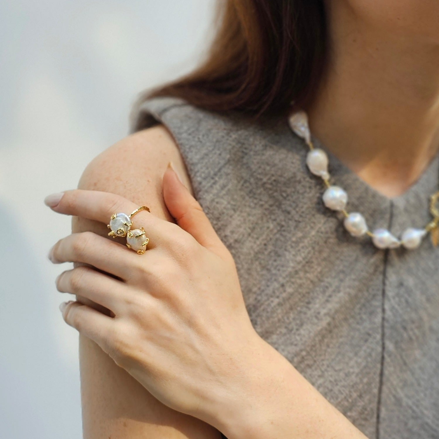 Flat Baroque Pearls Open Statement Ring