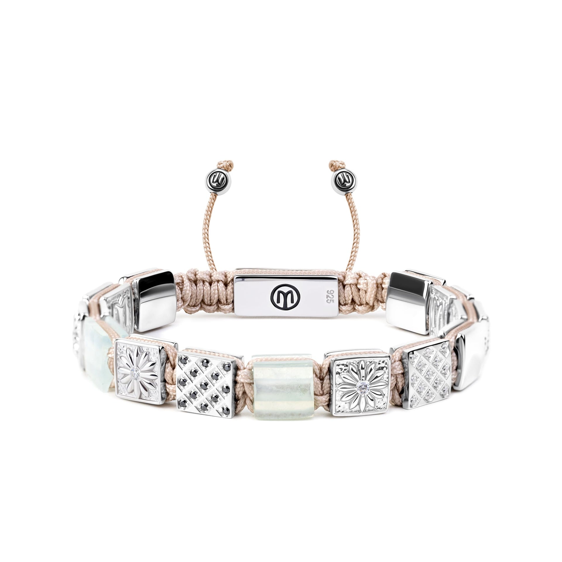 Flat-Bead Bracelet With Aquamarine & Beige String In Silver