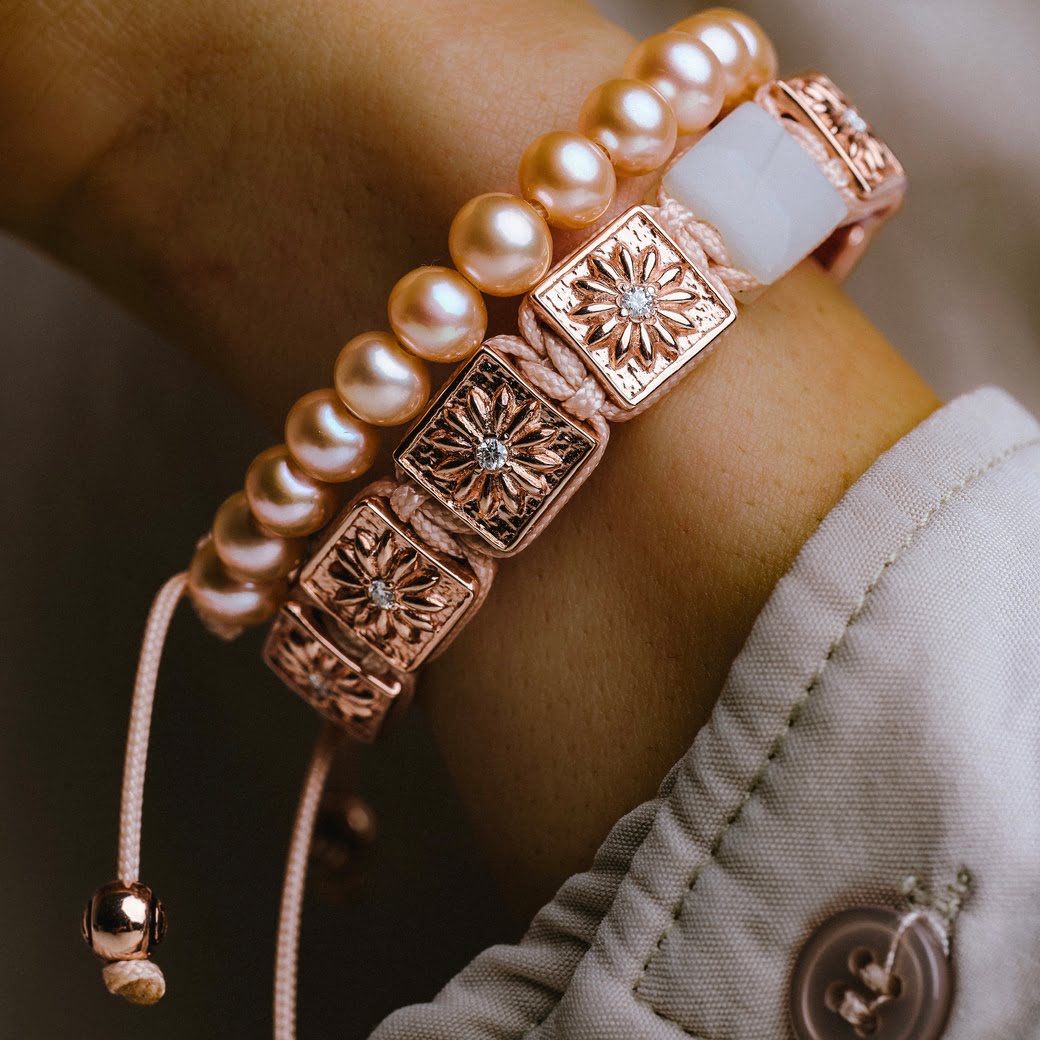 Flat-Bead Macrame Bracelet In Rose Gold, Ruby & Moonstone - Sakura Saxa