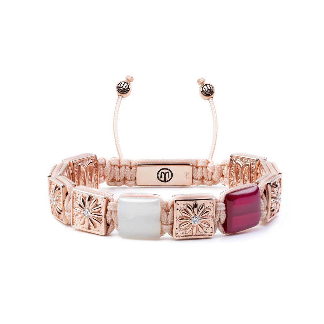 Flat-Bead Macrame Bracelet In Rose Gold, Ruby & Moonstone - Sakura Saxa