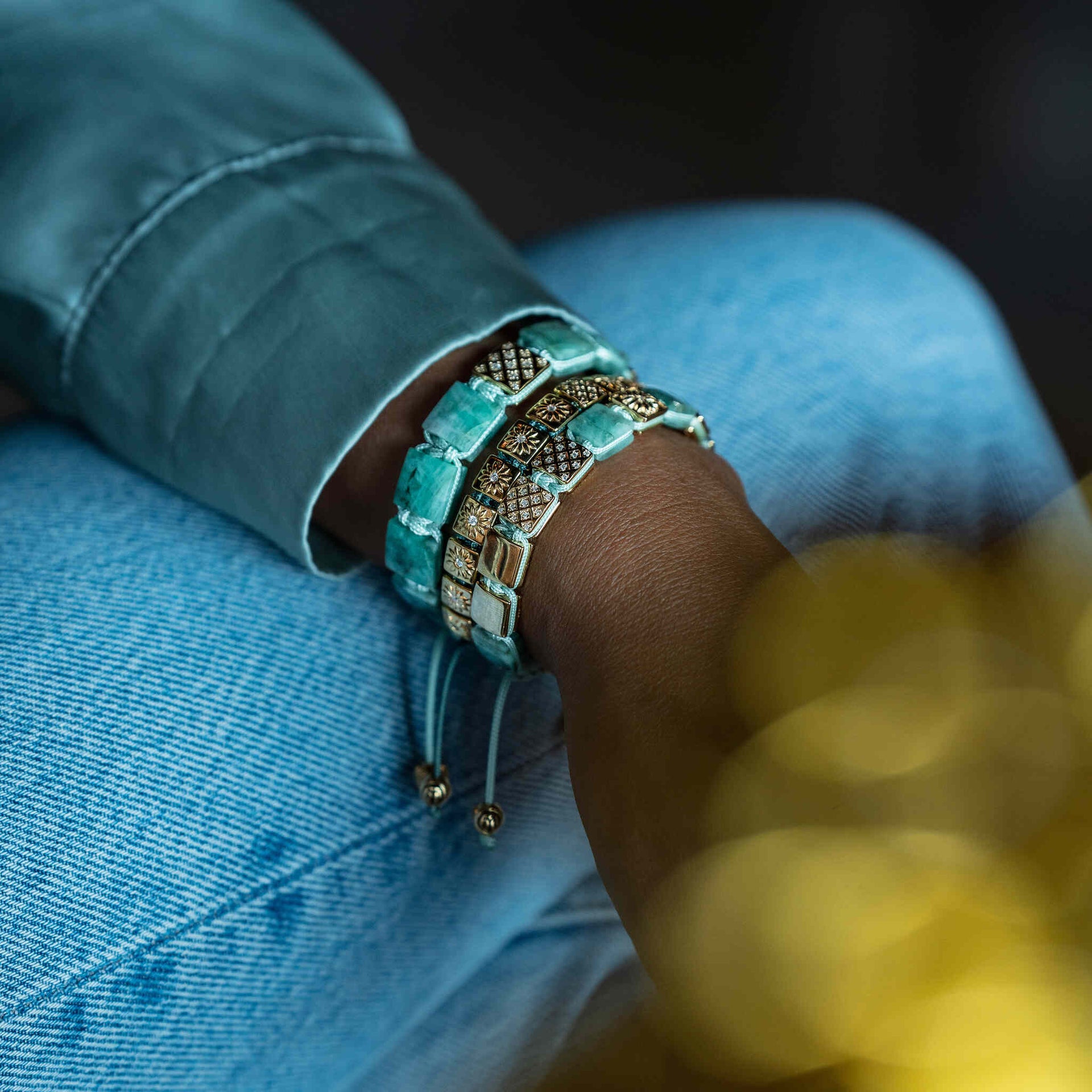 Macrame Bracelet With Moissanite & Dark Green String In Gold The - Sun Worshipper