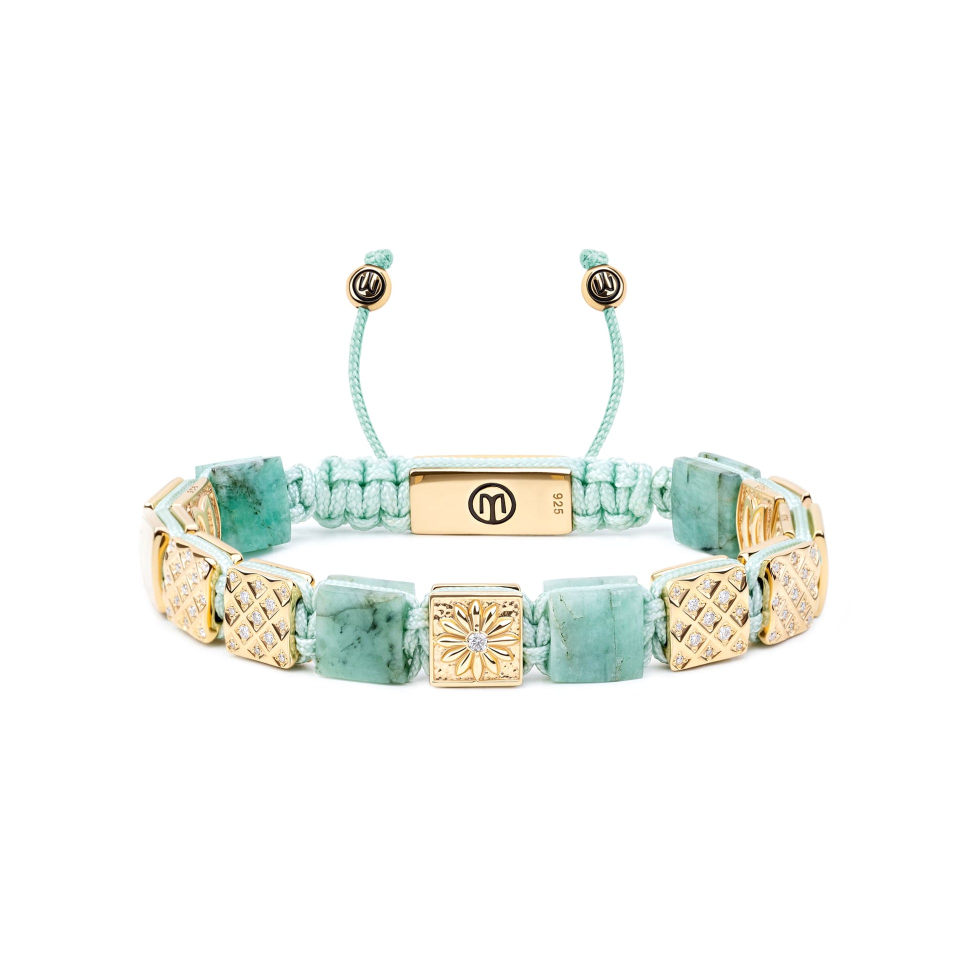 Flat-Bead Macrame Bracelet With Emeralds In Gold