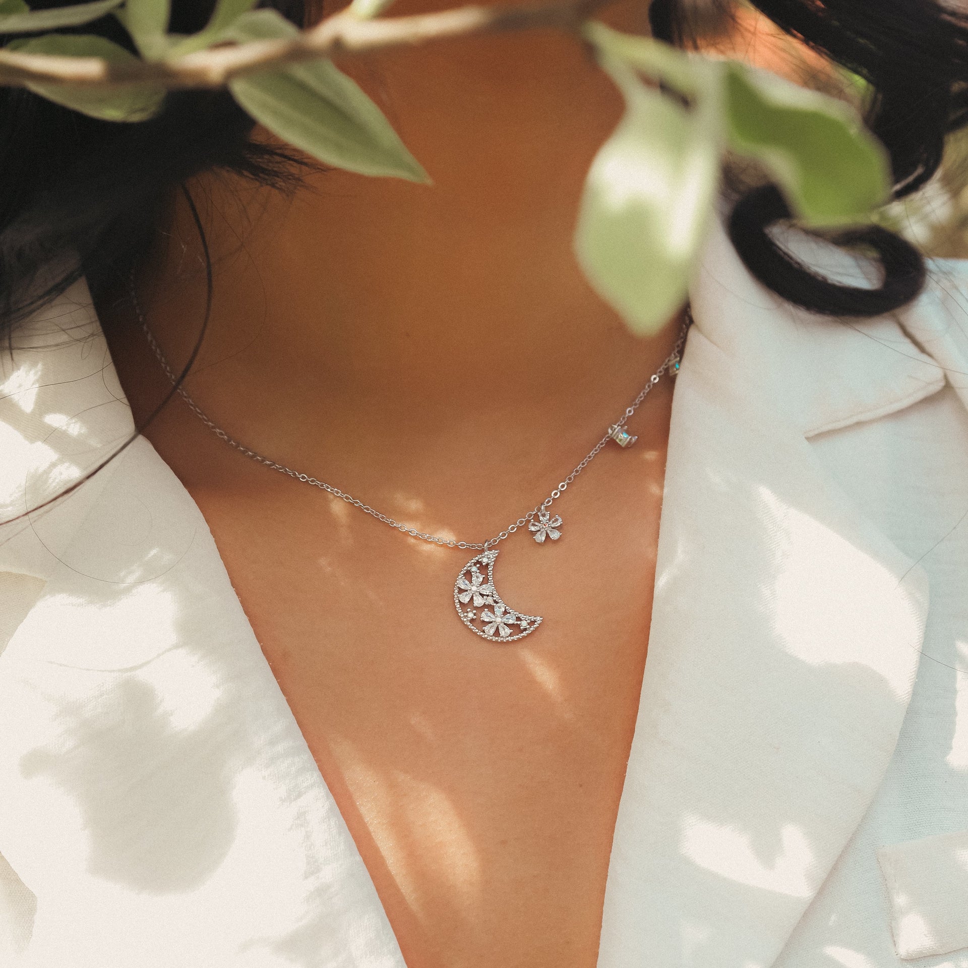 Flora Flower Moon Pendant Necklace - Sterling Silver