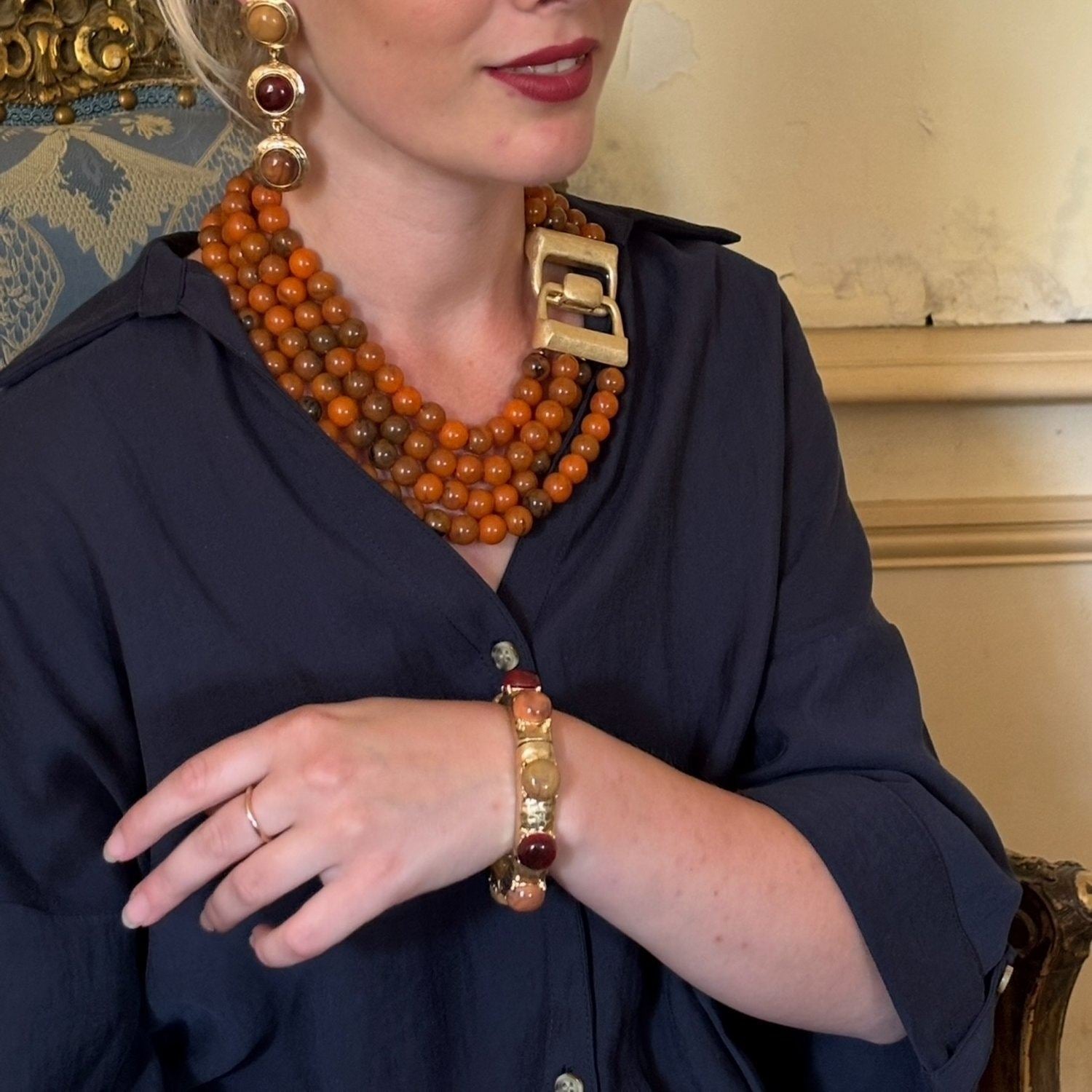 Flora Three Stone Carnelian & Amber Resin Pierced Earrings