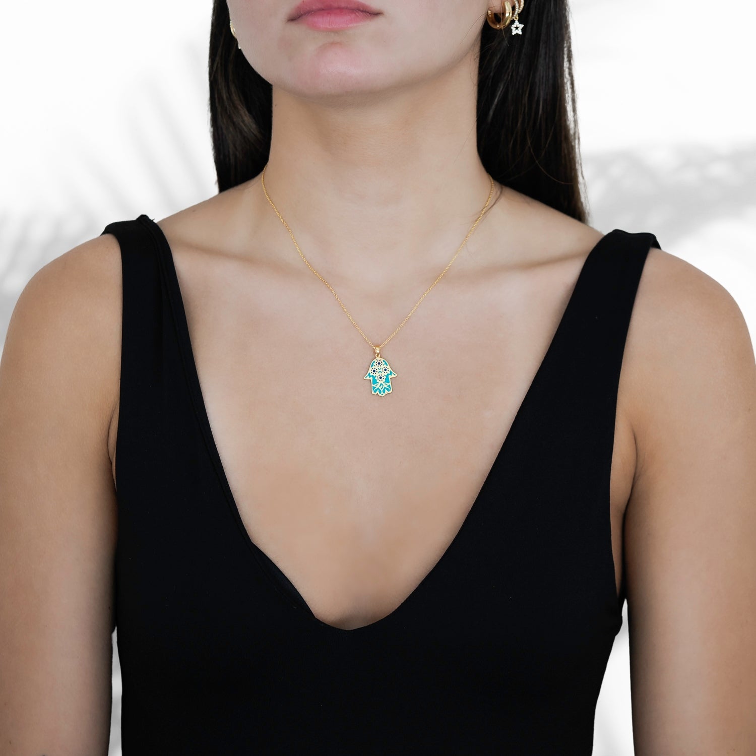 Floral Hamsa Hand Pendant Turquoise & Gold Necklace - Turquoise