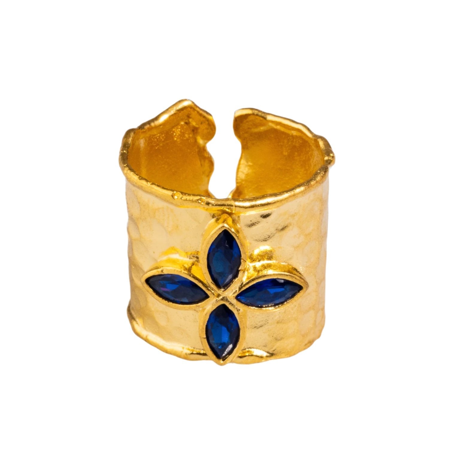 Floral Sapphire Stone Gold Band Design Statement Ring - Blue