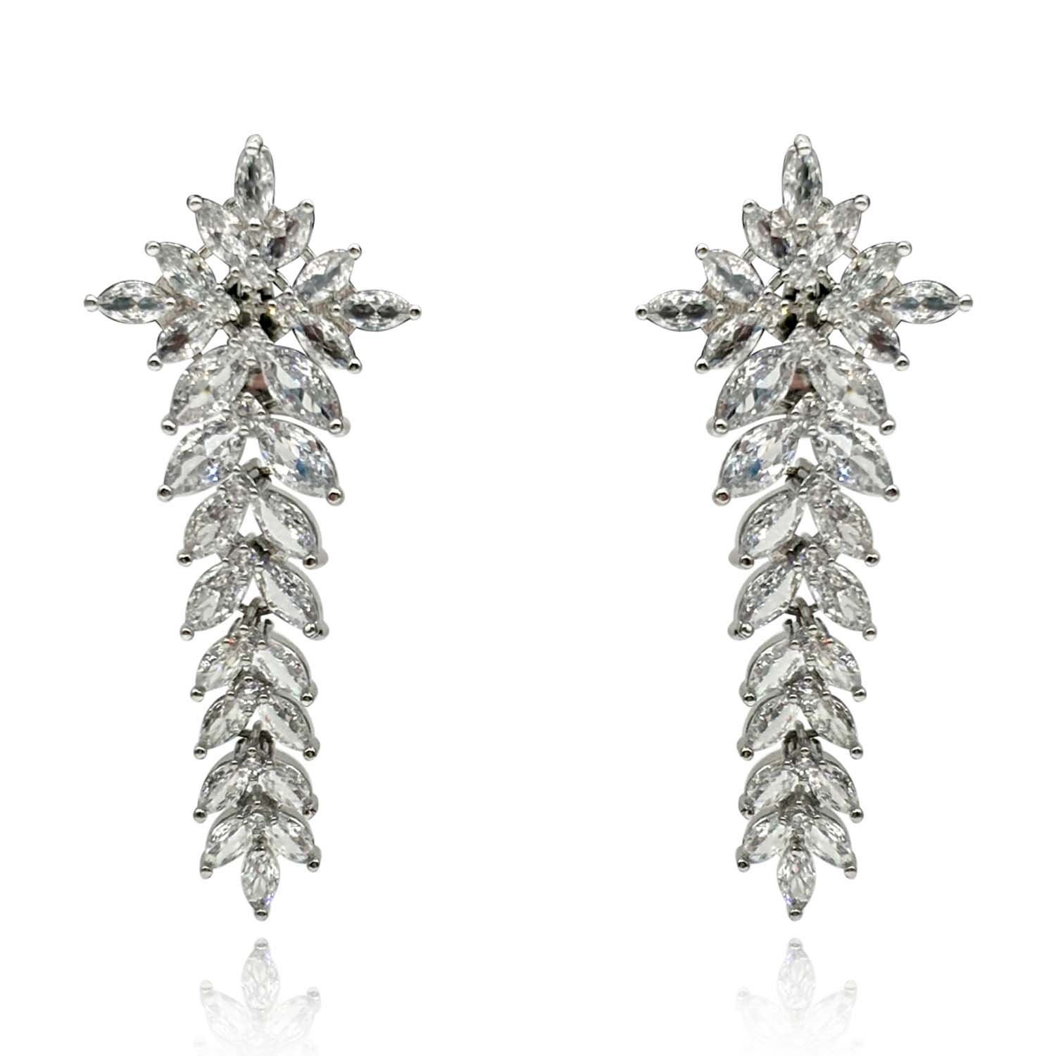 Floral Shape Navette Top With Cascading Navette Diamond Cubic Zirconium Clip On Drop Earrings