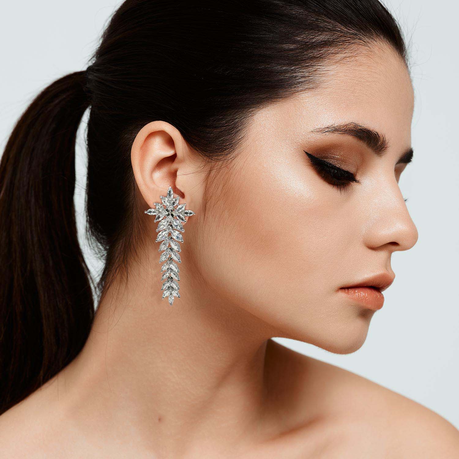 Floral Shape Navette Top With Cascading Navette Diamond Cubic Zirconium Clip On Drop Earrings