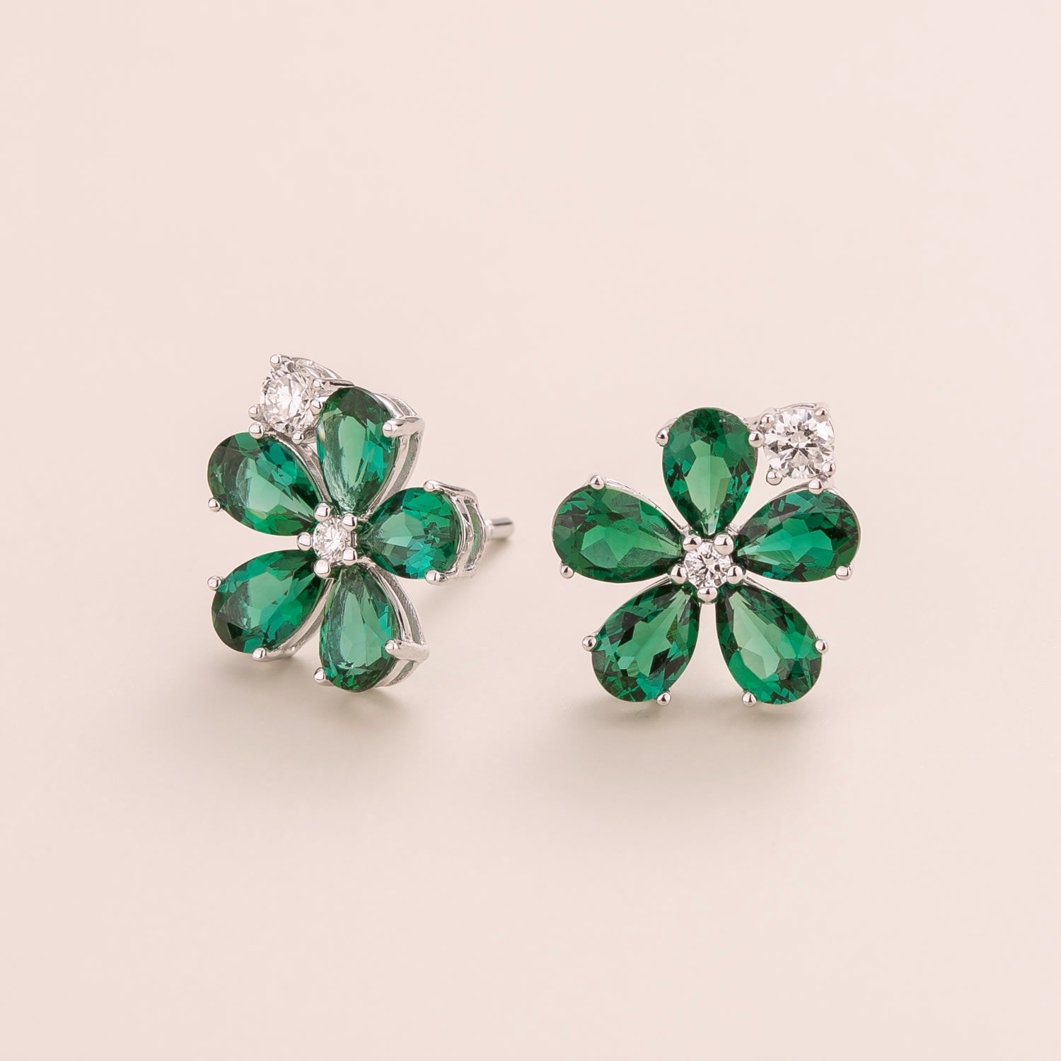 Florea White Gold Earrings In Diamonds & Emeralds