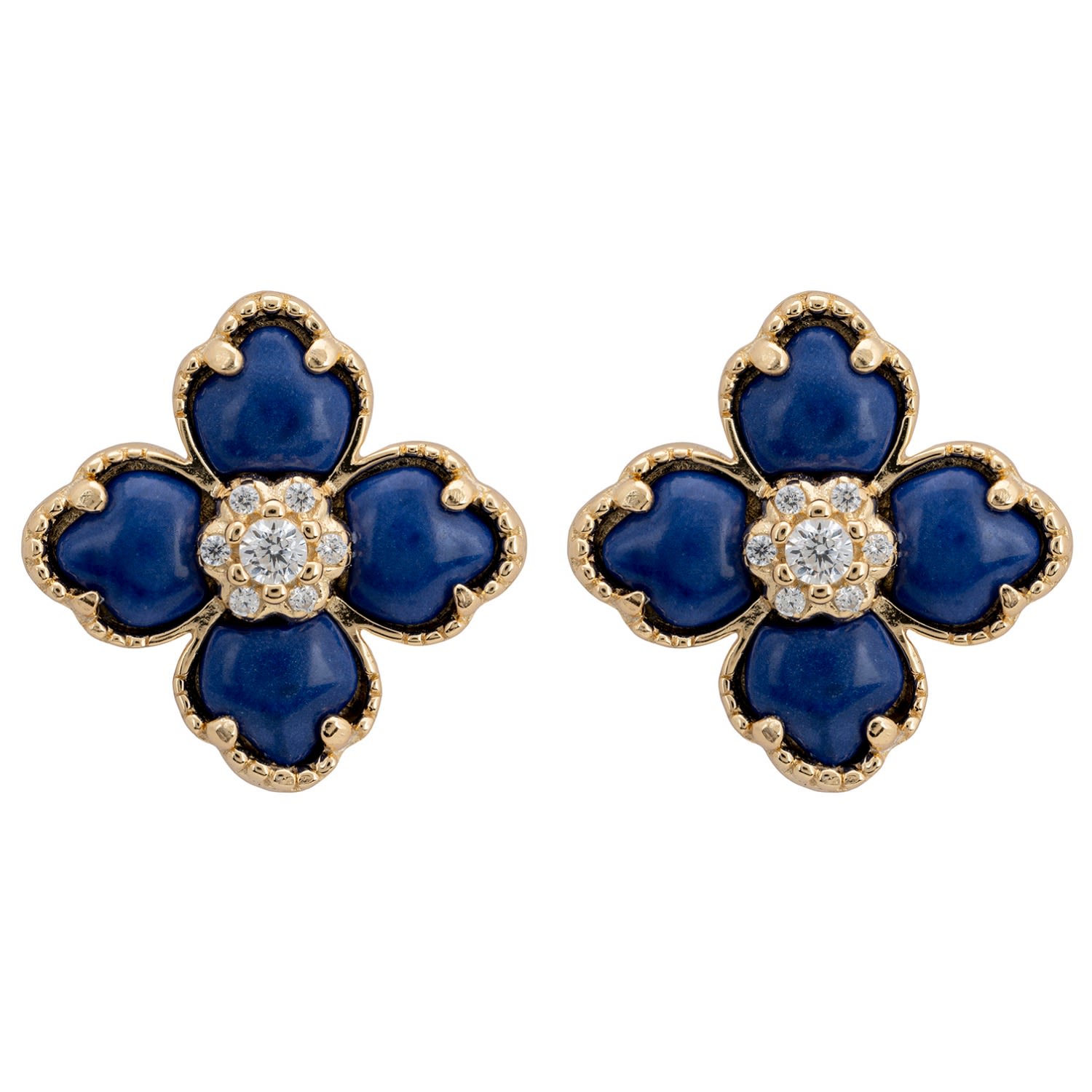 Flower Clover Lapis Lazuli Stud Earrings Gold