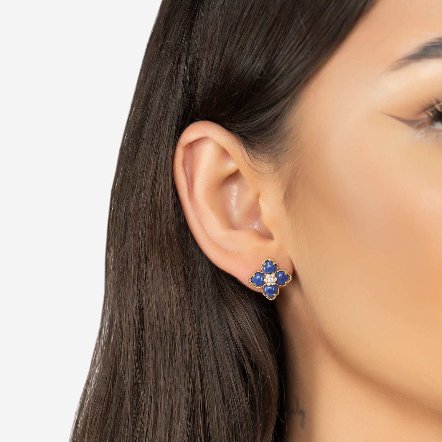 Flower Clover Lapis Lazuli Stud Earrings Gold