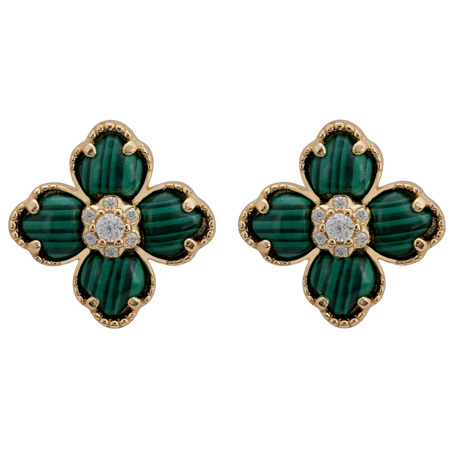 Flower Clover Malachite Stud Earrings Gold
