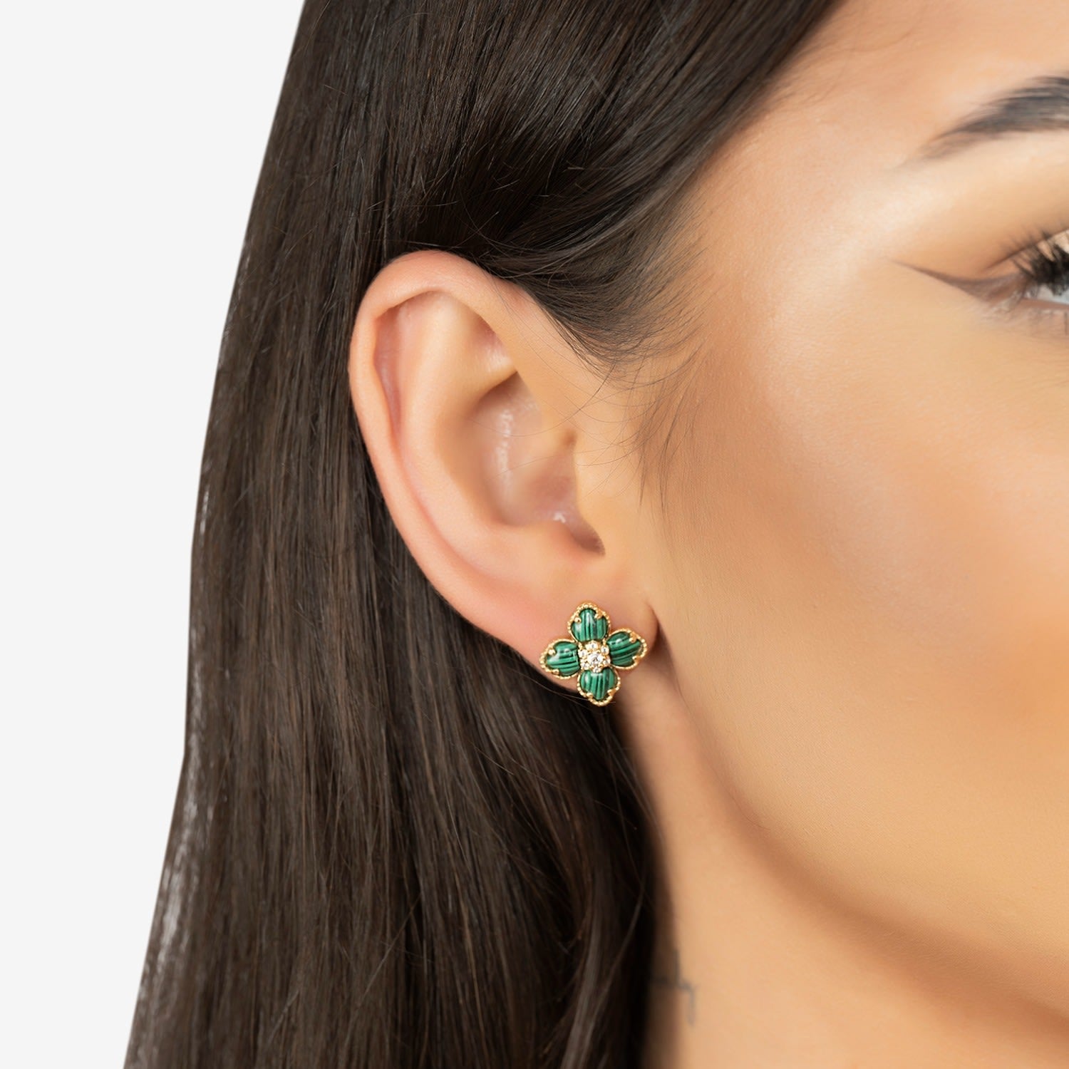 Flower Clover Malachite Stud Earrings Gold