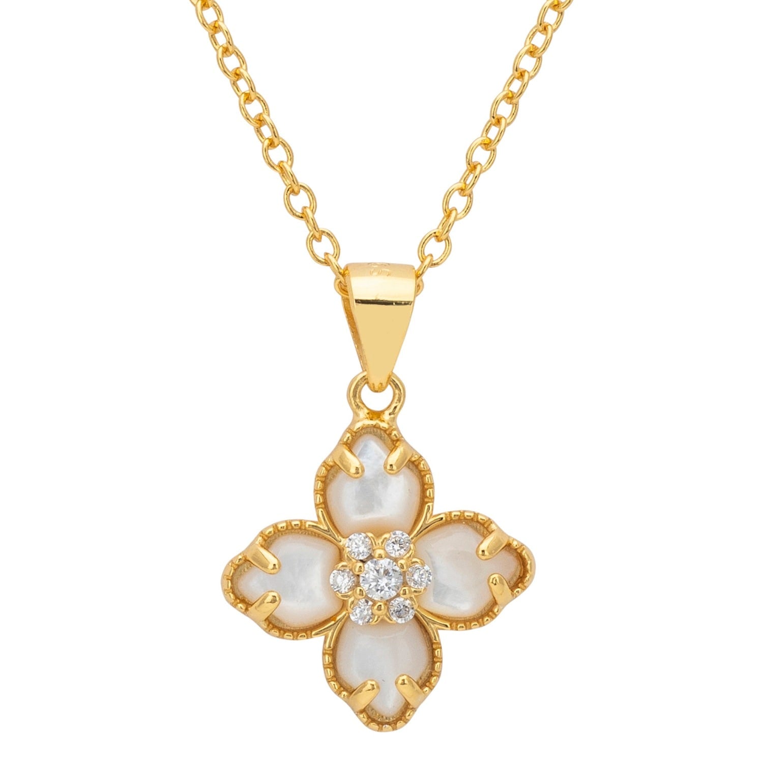 Flower Clover Mother Of Pearl Pendant Necklace Gold