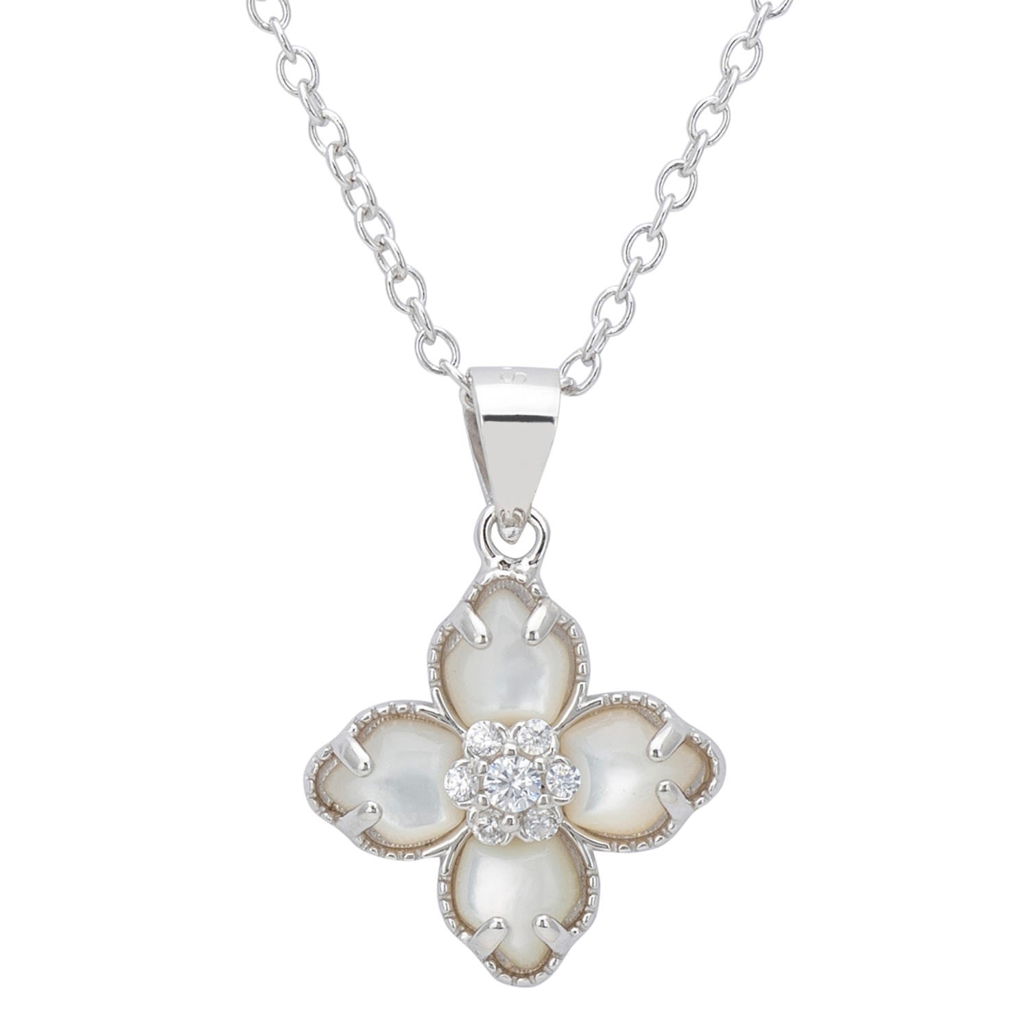 Flower Clover Mother Of Pearl Pendant Necklace Silver