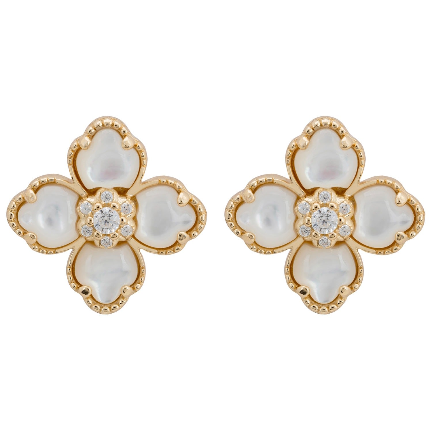 Flower Clover Mother Of Pearl Stud Earrings Gold