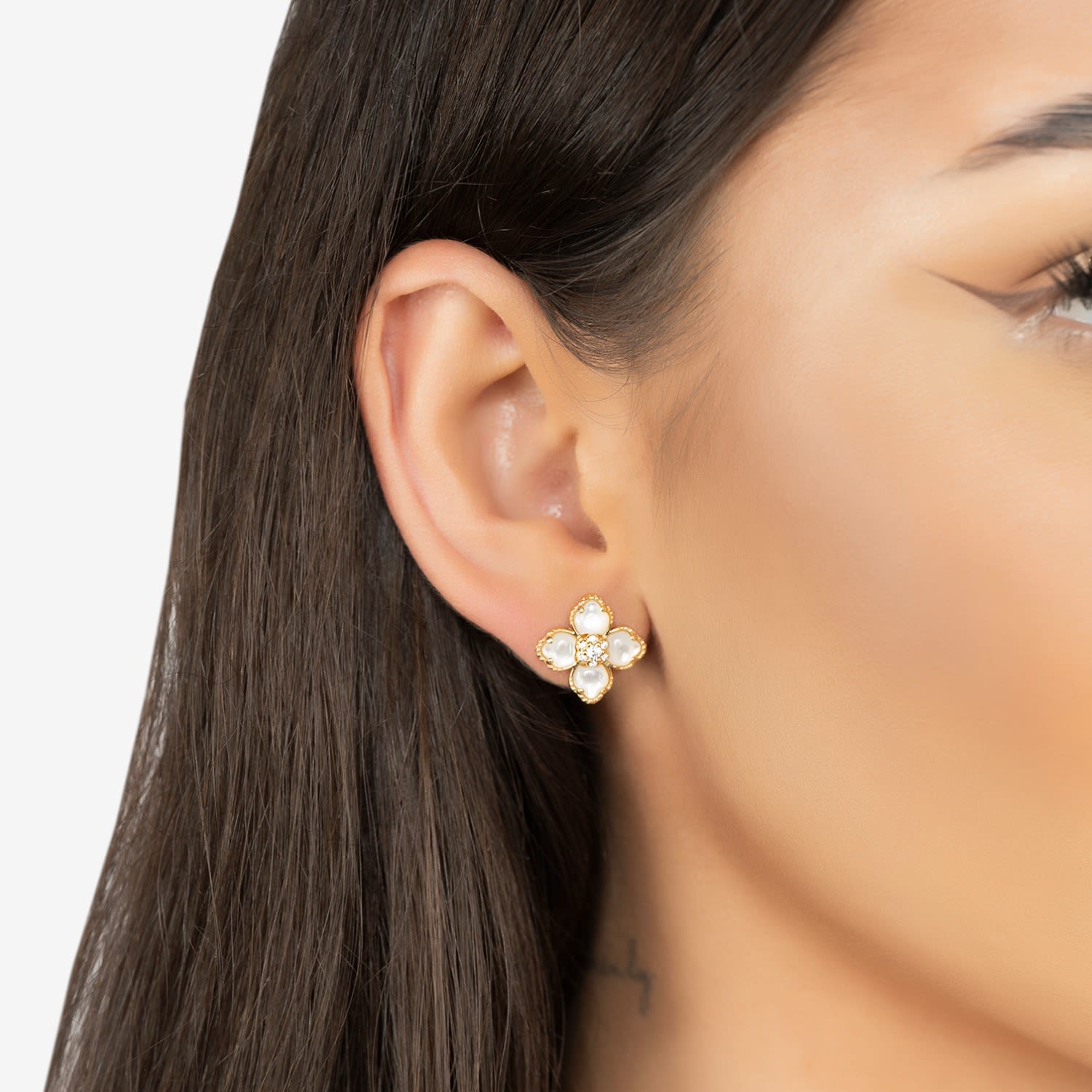 Flower Clover Mother Of Pearl Stud Earrings Gold