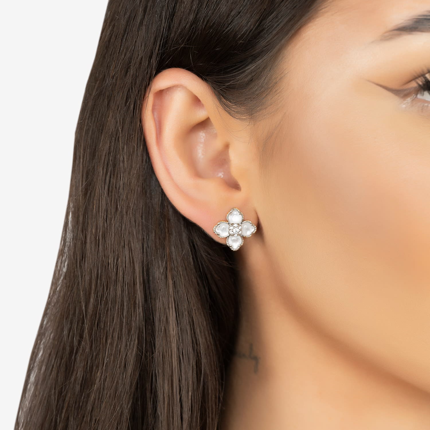 Flower Clover Mother Of Pearl Stud Earrings Silver