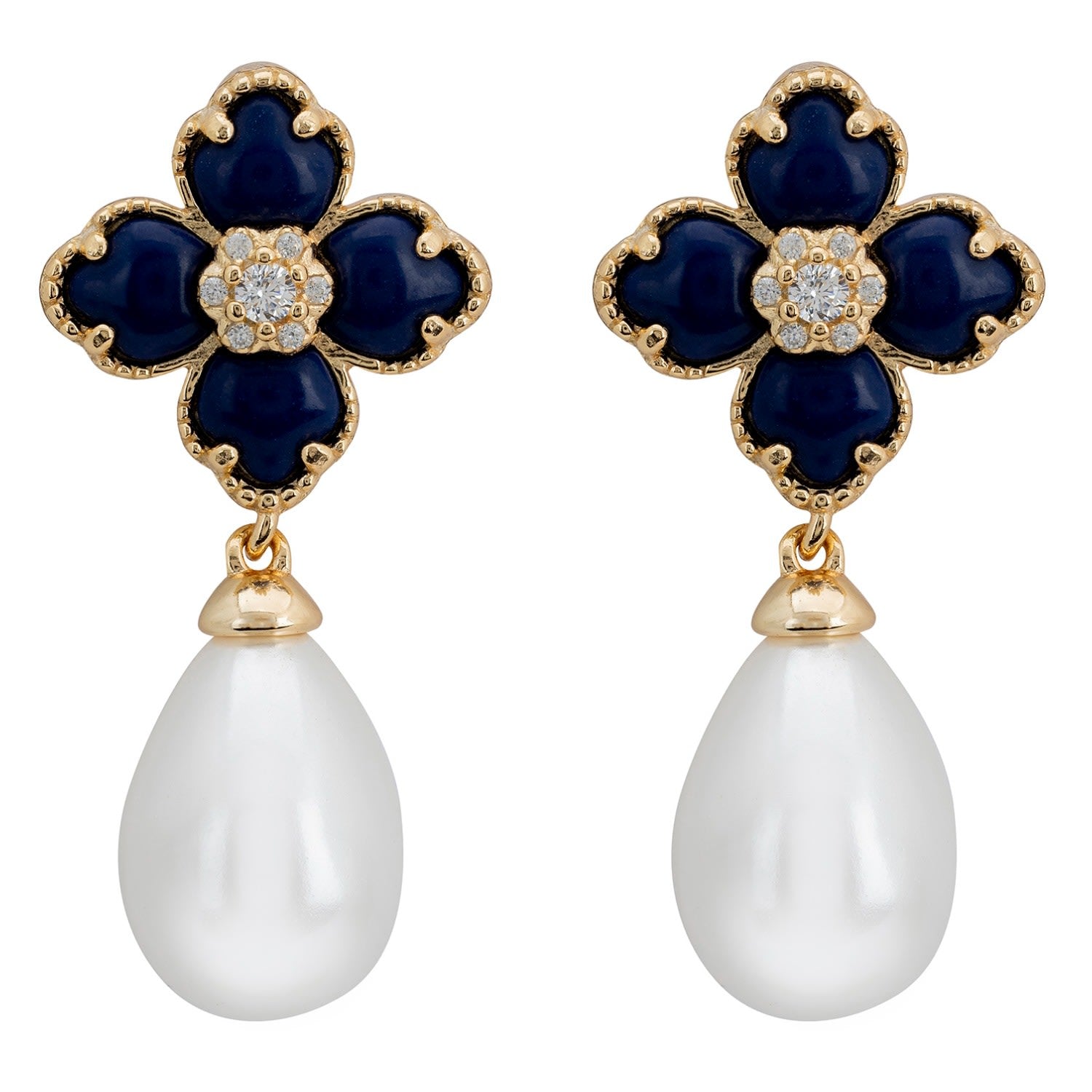 Flower Clover Pearl Drop Earrings Lapis Lazuli Gold